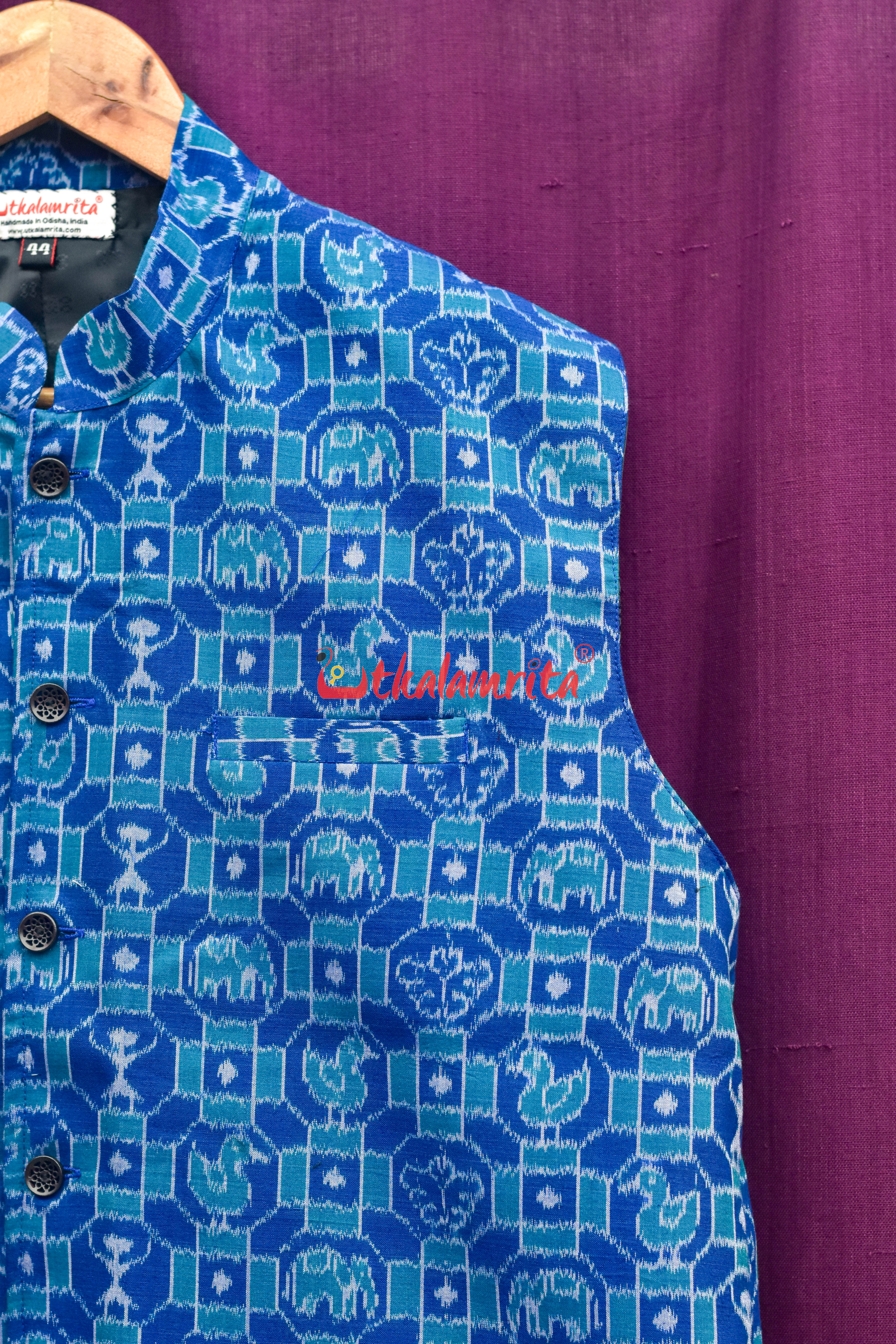 Blue 3D Elephant Sambalpuri Cotton (Modi Jacket)