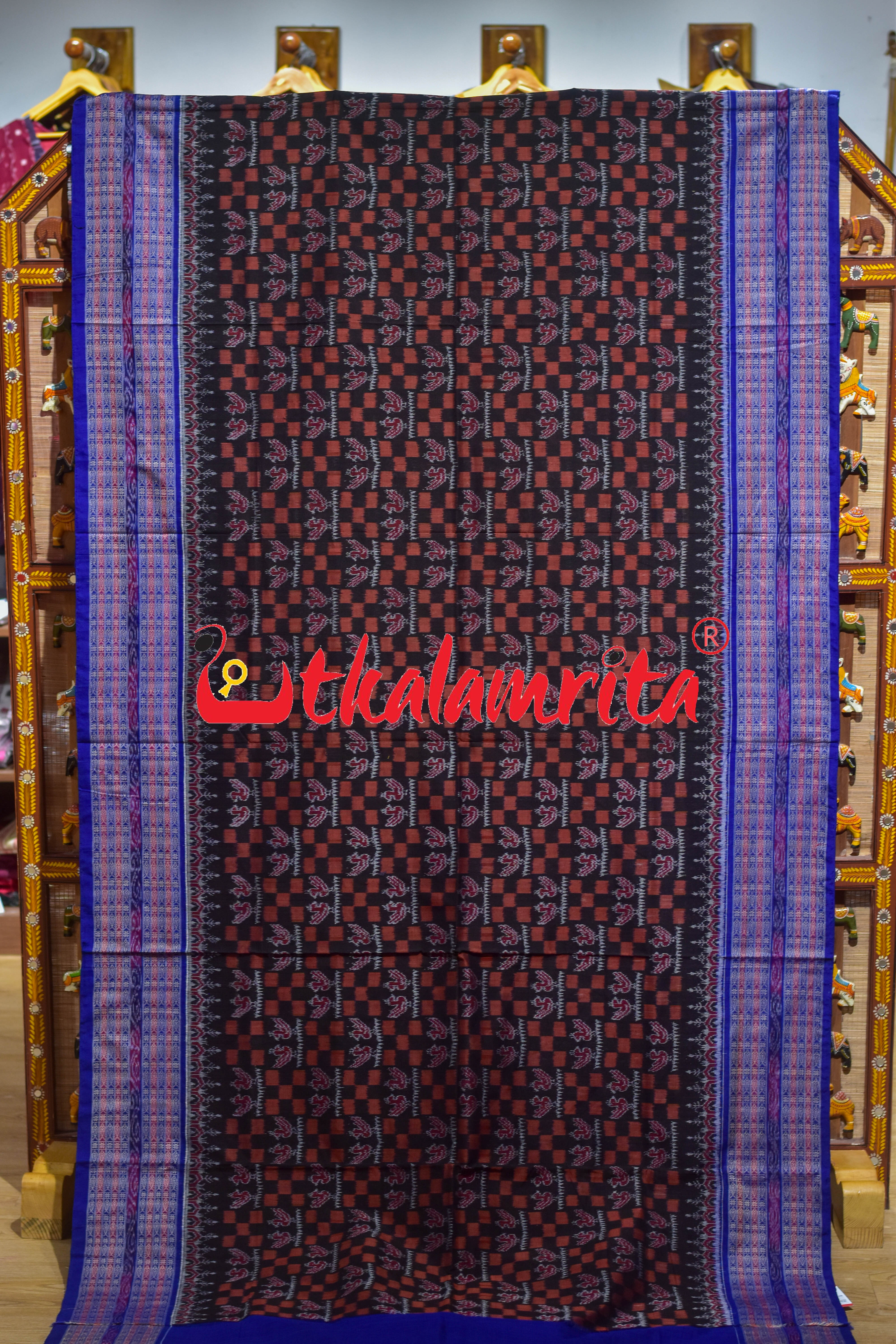 Black Rust Double Birds Sambalpuri Cotton Saree