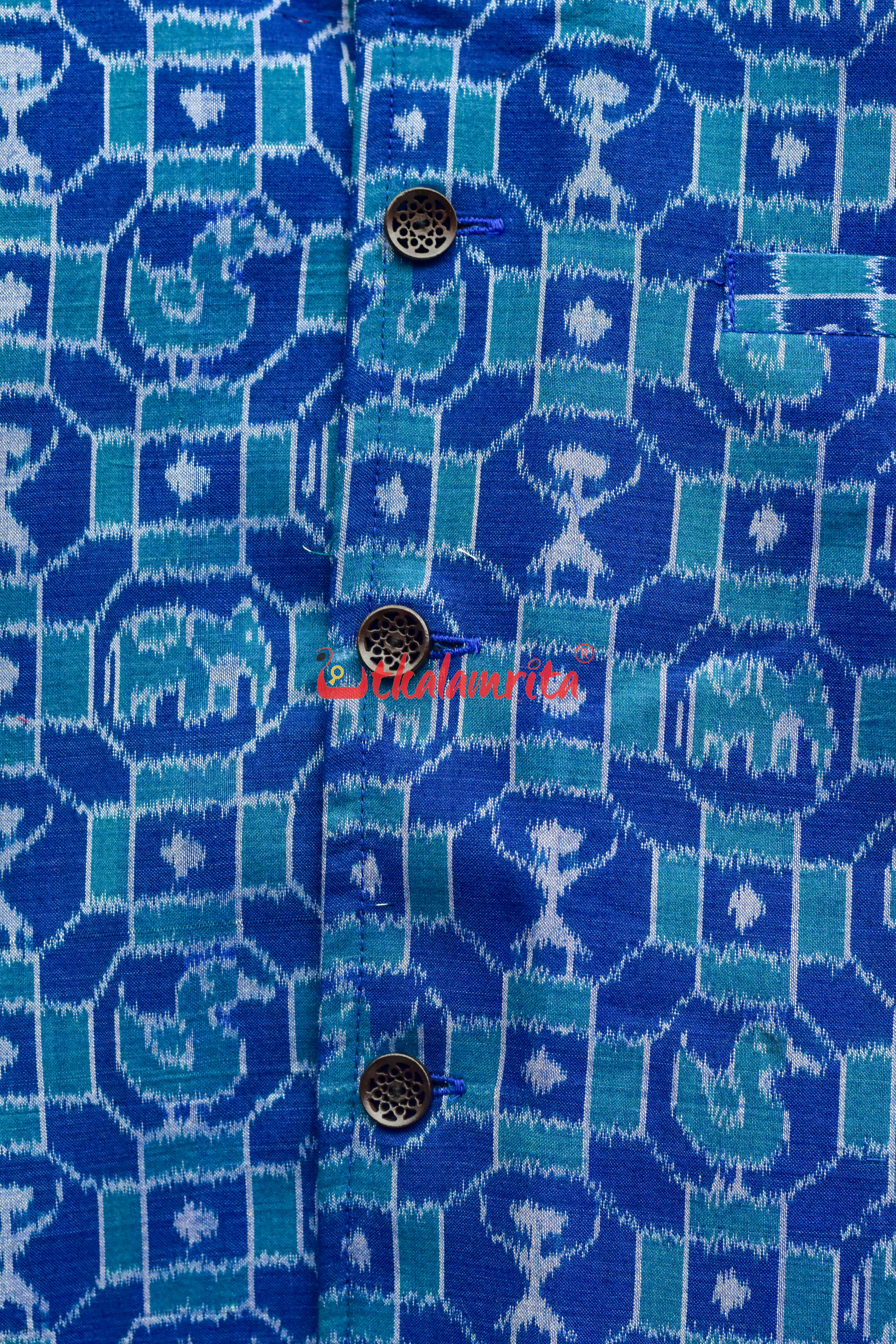 Blue 3D Elephant Sambalpuri Cotton (Modi Jacket)
