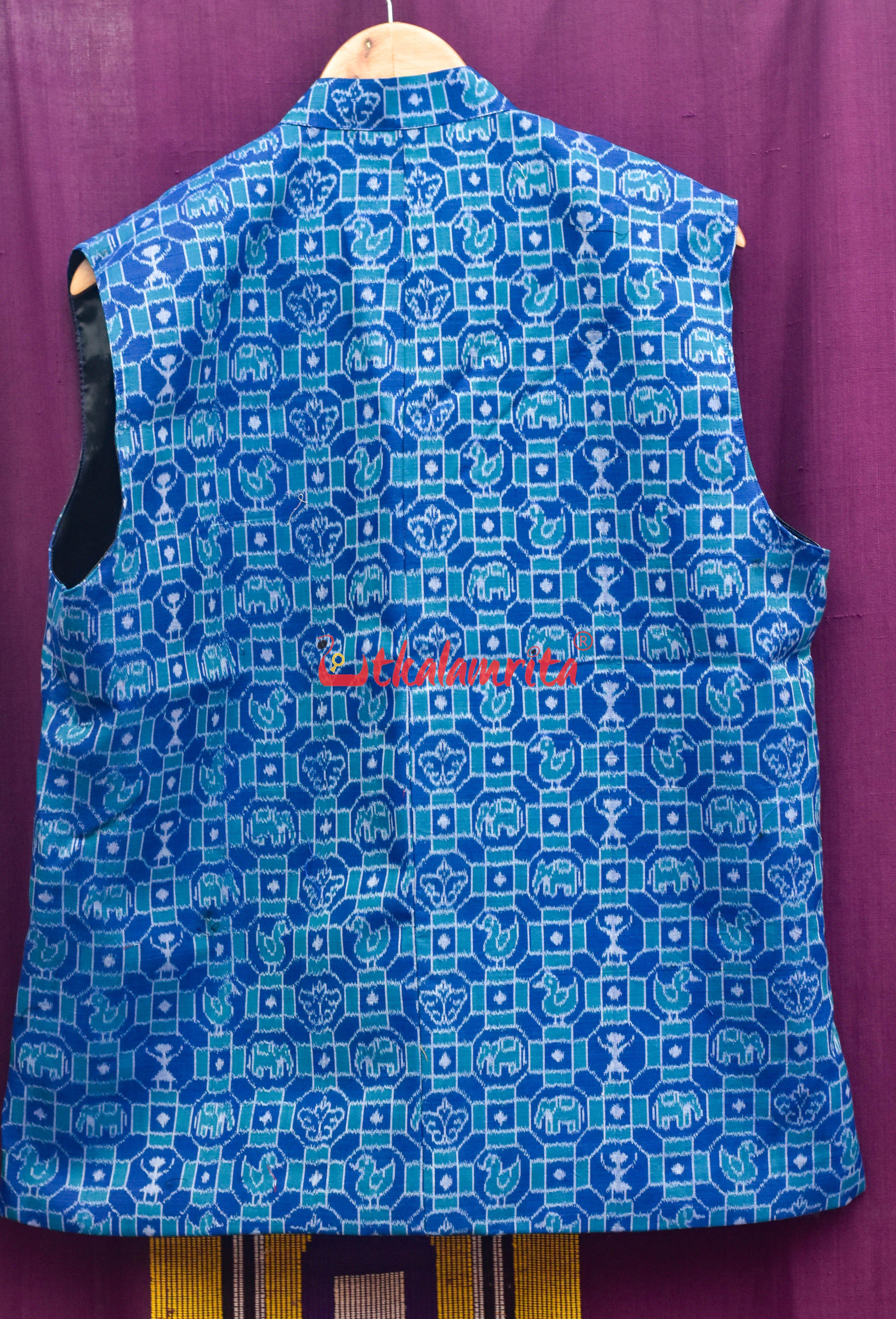 Blue 3D Elephant Sambalpuri Cotton (Modi Jacket)