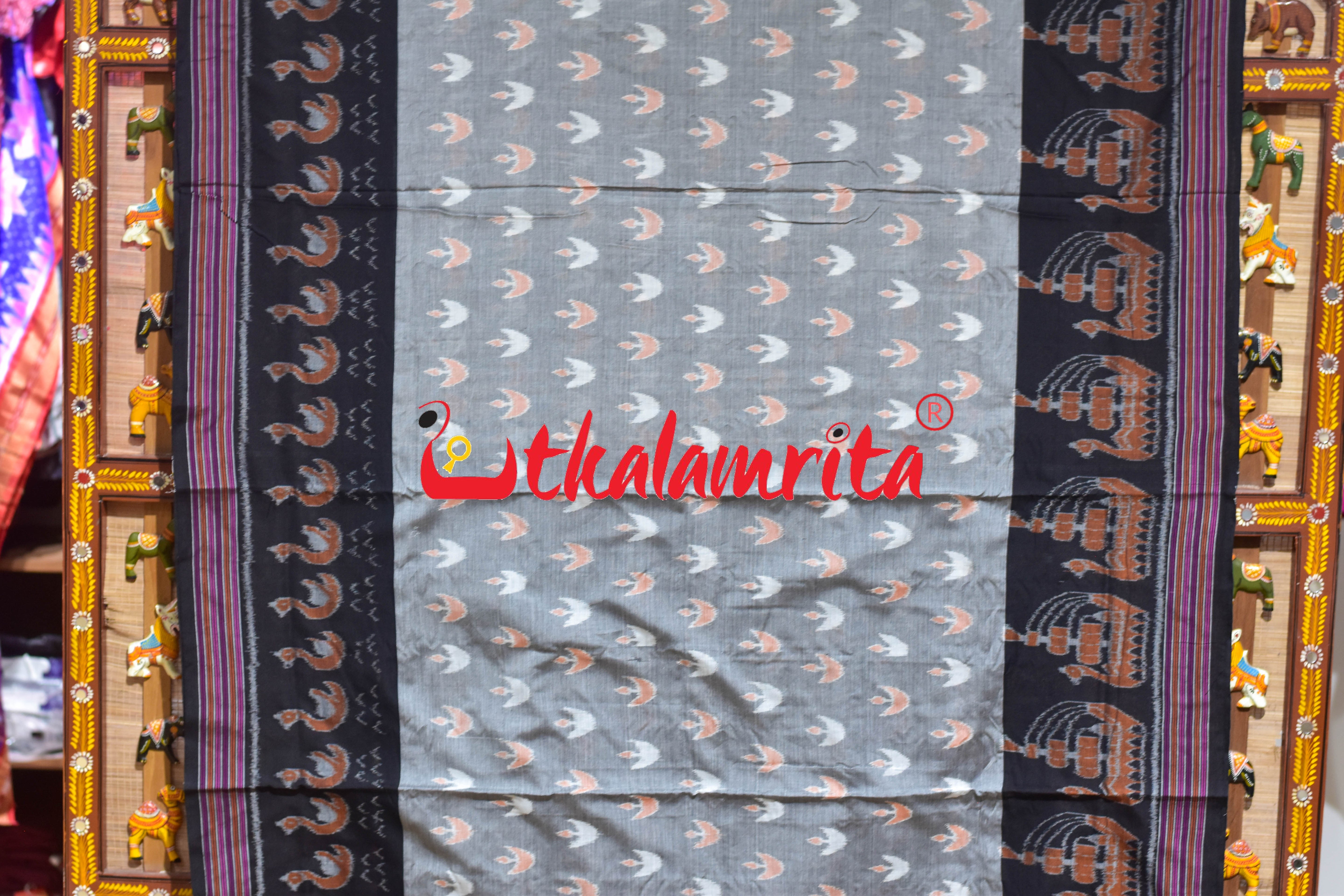 Grey Black Ducks & Boita Khandua Cotton Saree