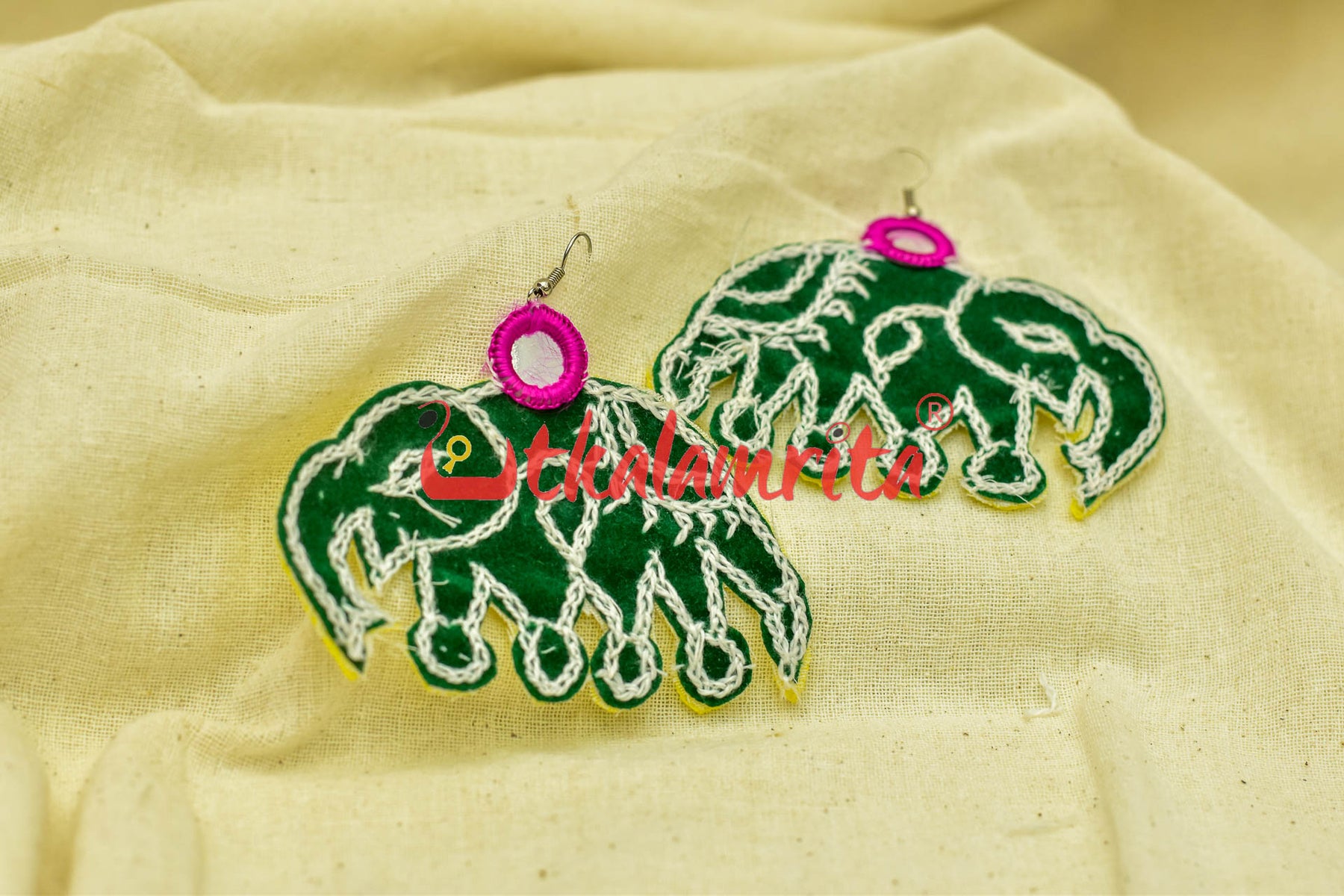 Green Elephants (Pipli applique danglers)