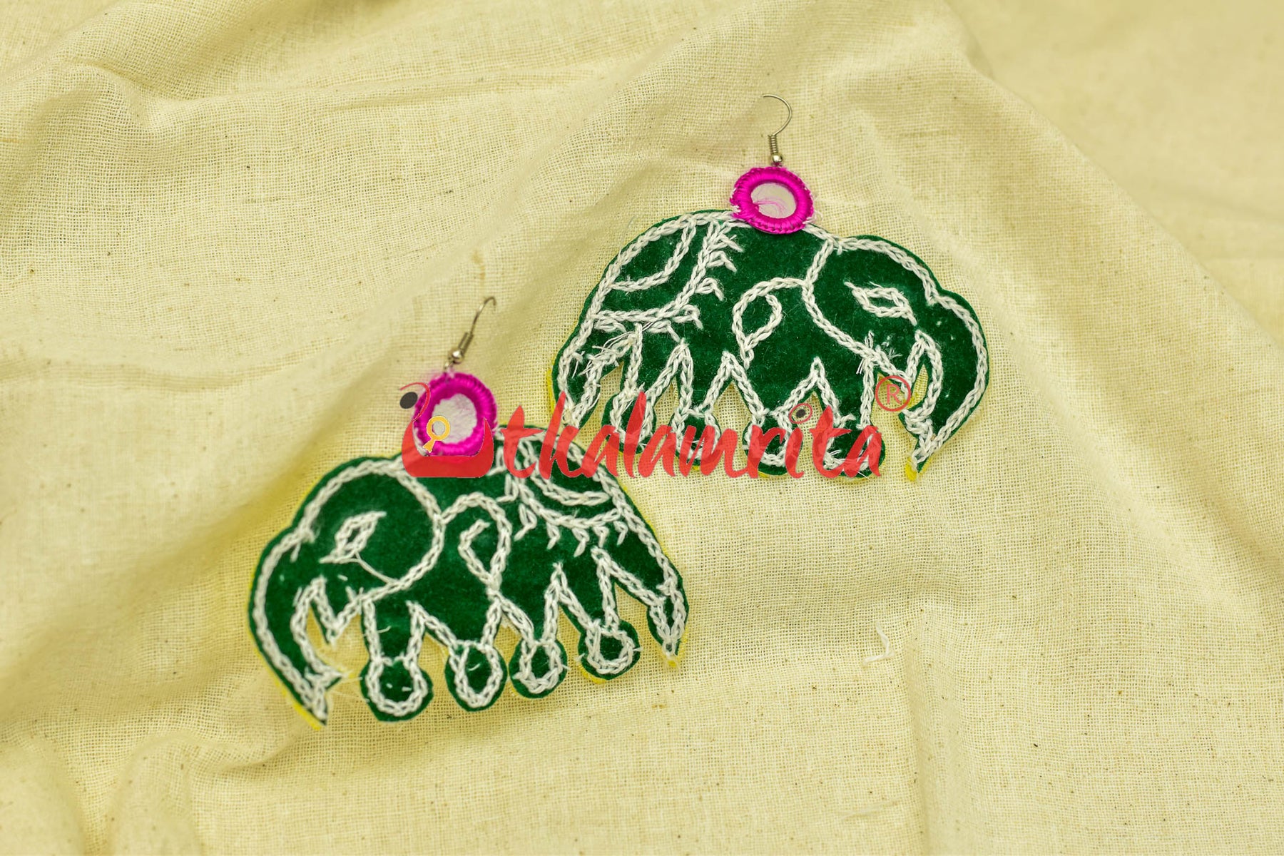 Green Elephants (Pipli applique danglers)