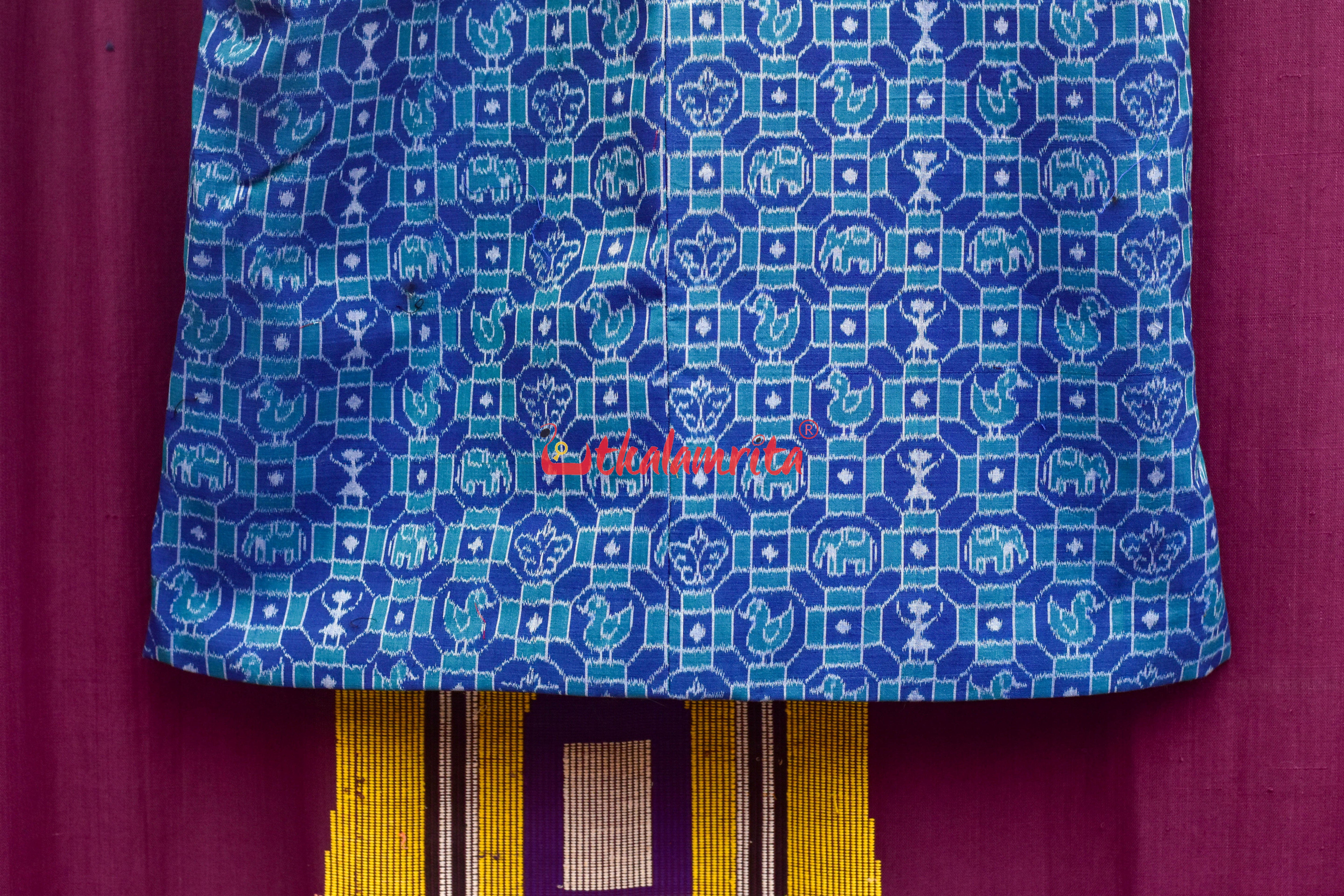 Blue 3D Elephant Sambalpuri Cotton (Modi Jacket)