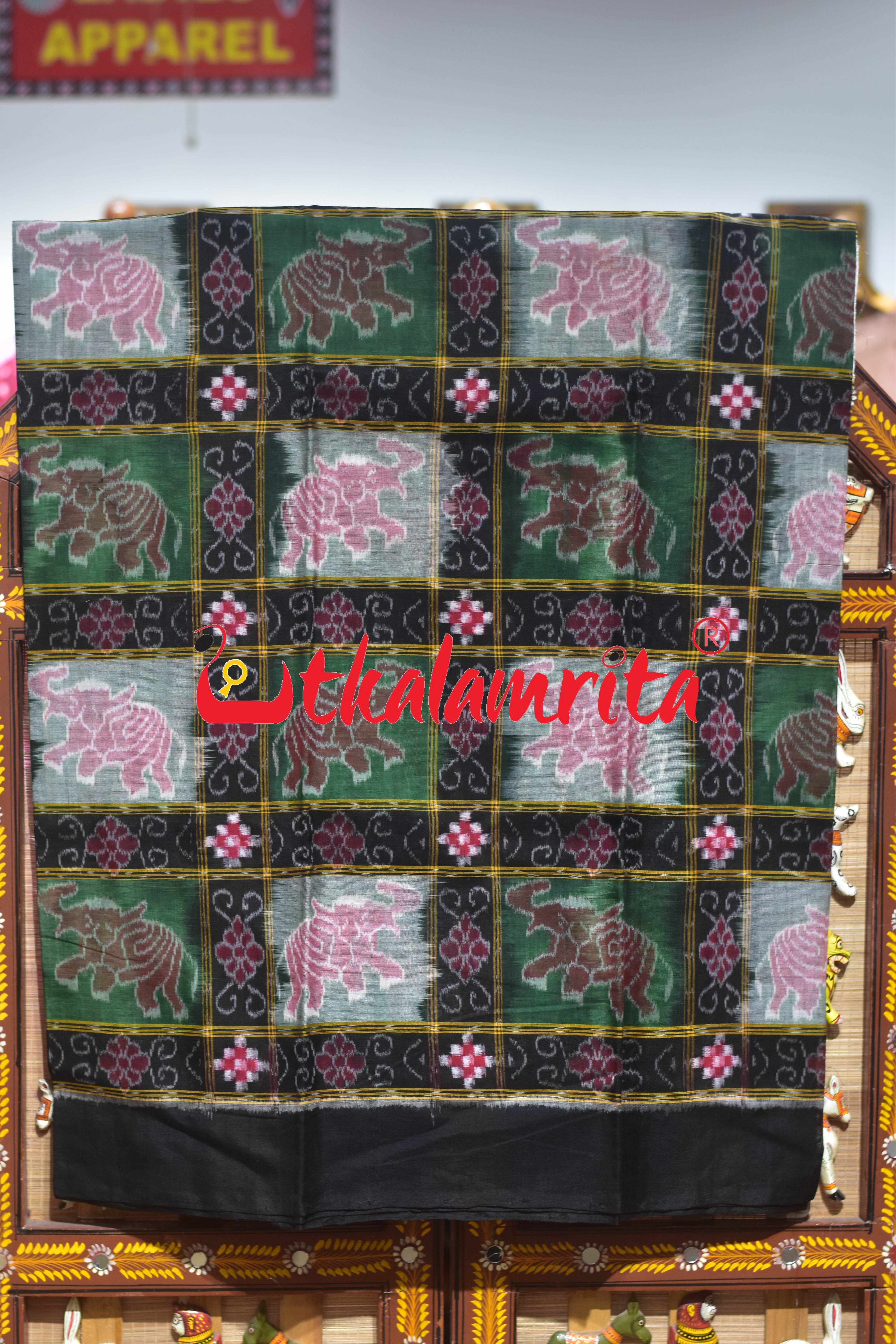 Black Green Kothi Elephants Sambalpuri Cotton Dress Set