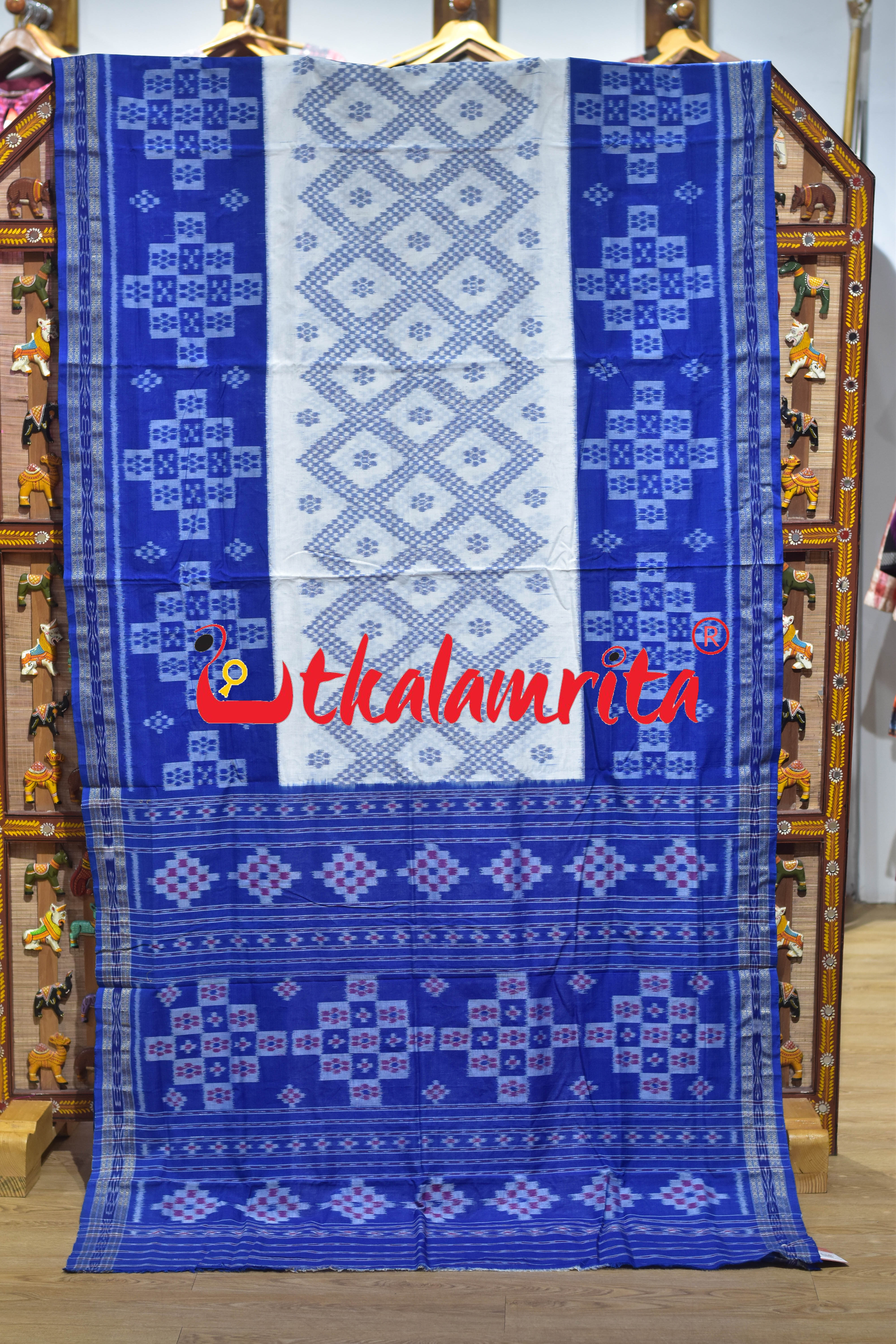 White Blue Tarabali Scot Khandua Cotton Saree