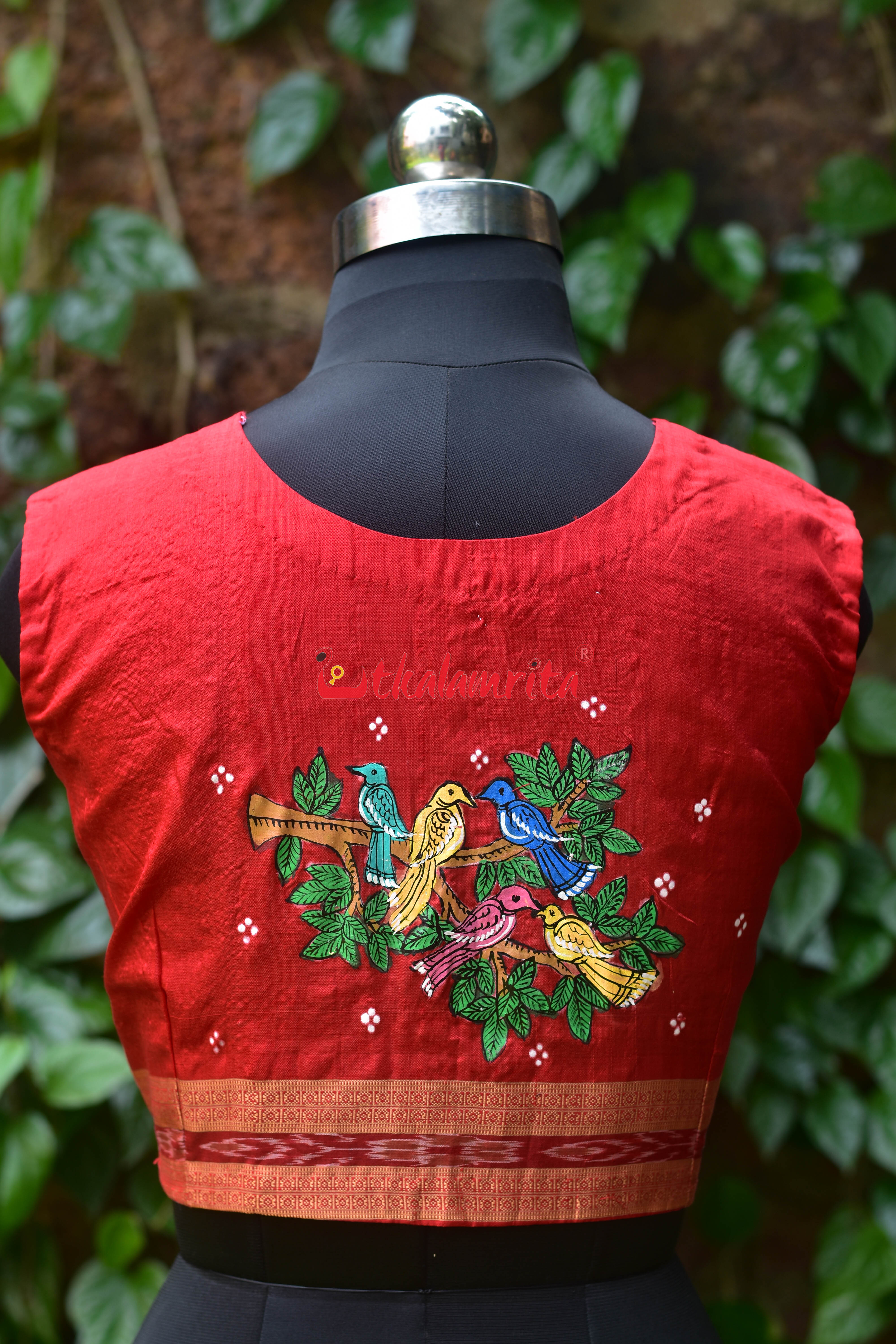 Red Fish Bandha Border Chadhei Silk (Blouse Piece)