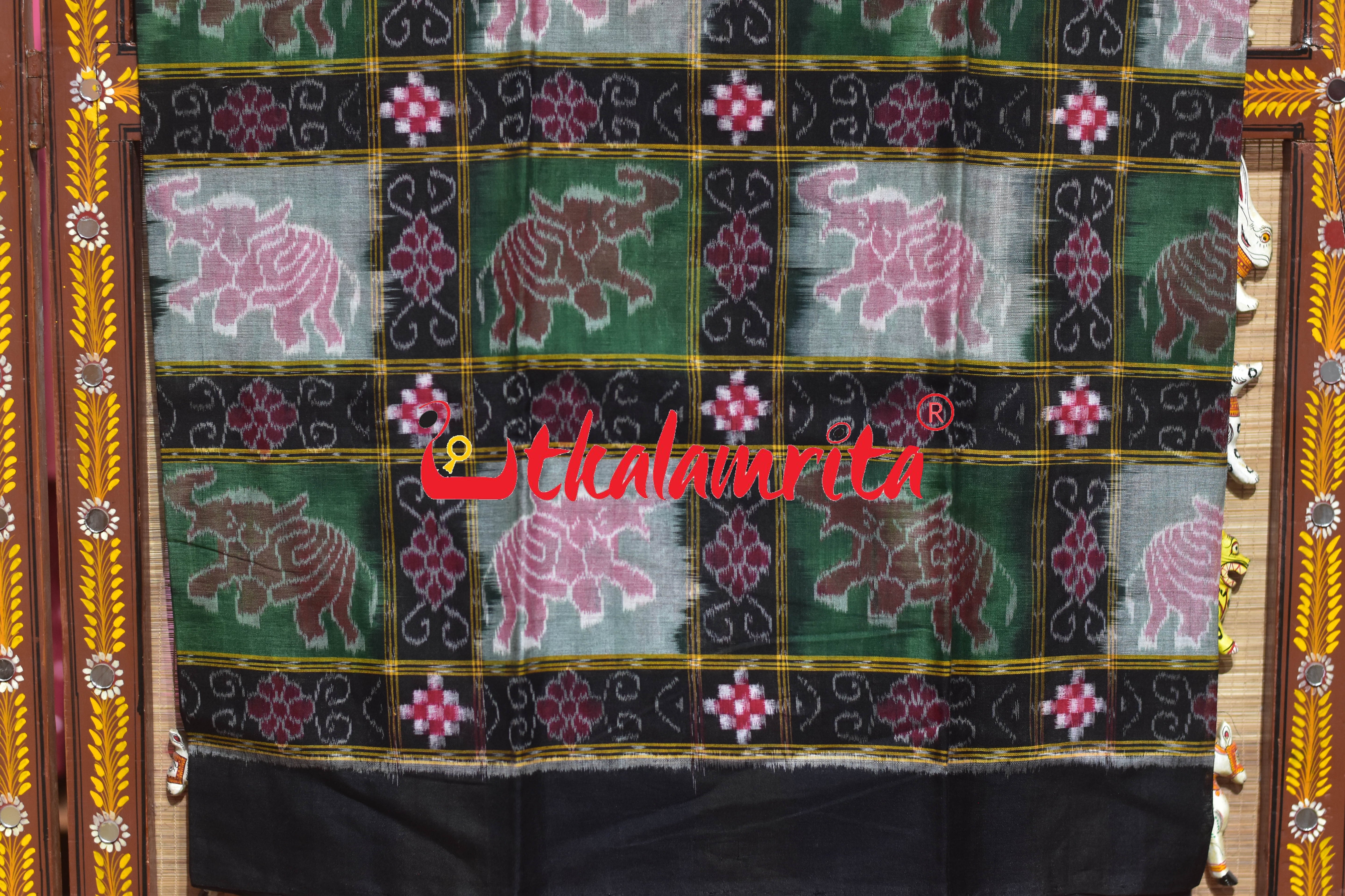 Black Green Kothi Elephants Sambalpuri Cotton Dress Set