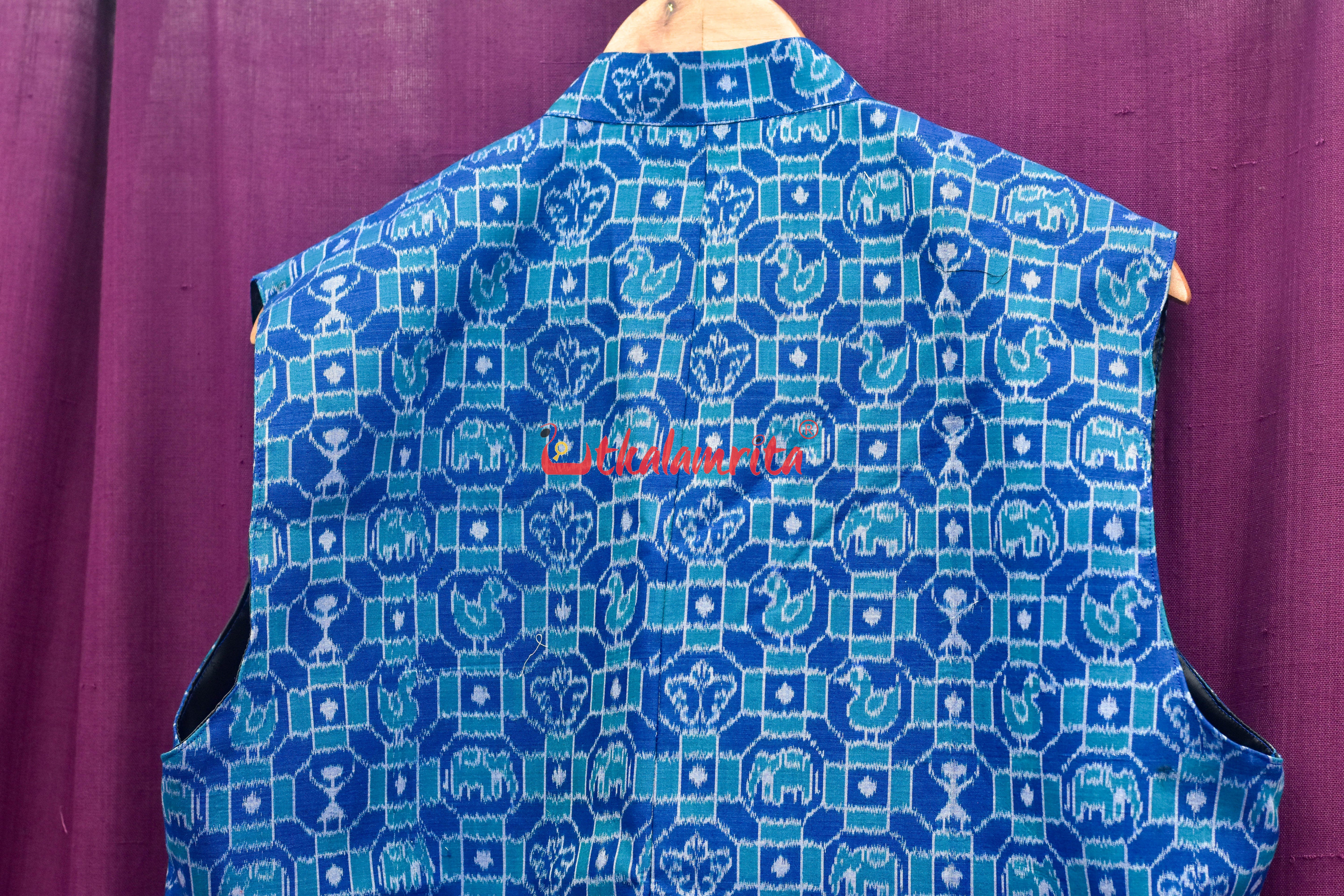 Blue 3D Elephant Sambalpuri Cotton (Modi Jacket)