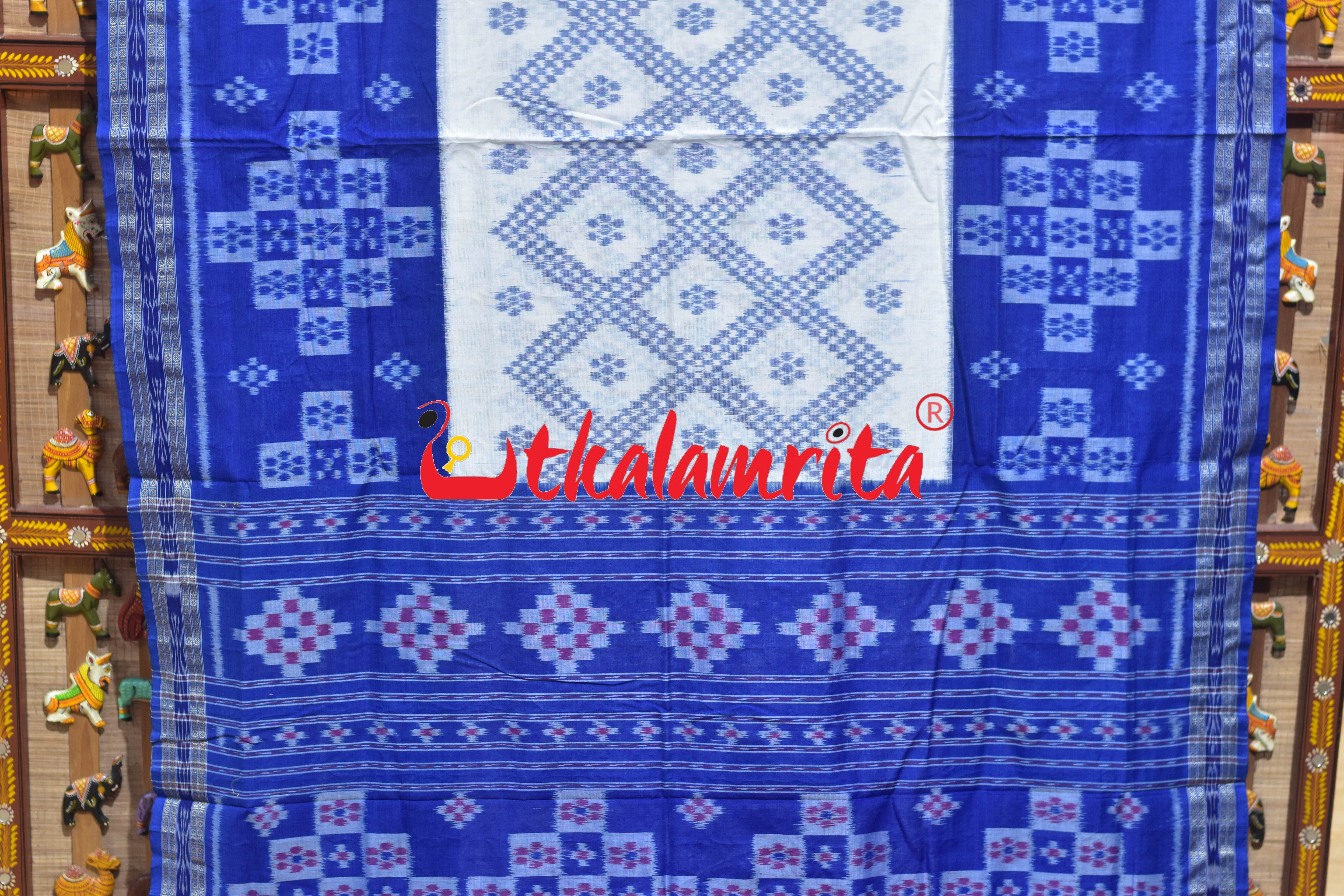 White Blue Tarabali Scot Khandua Cotton Saree