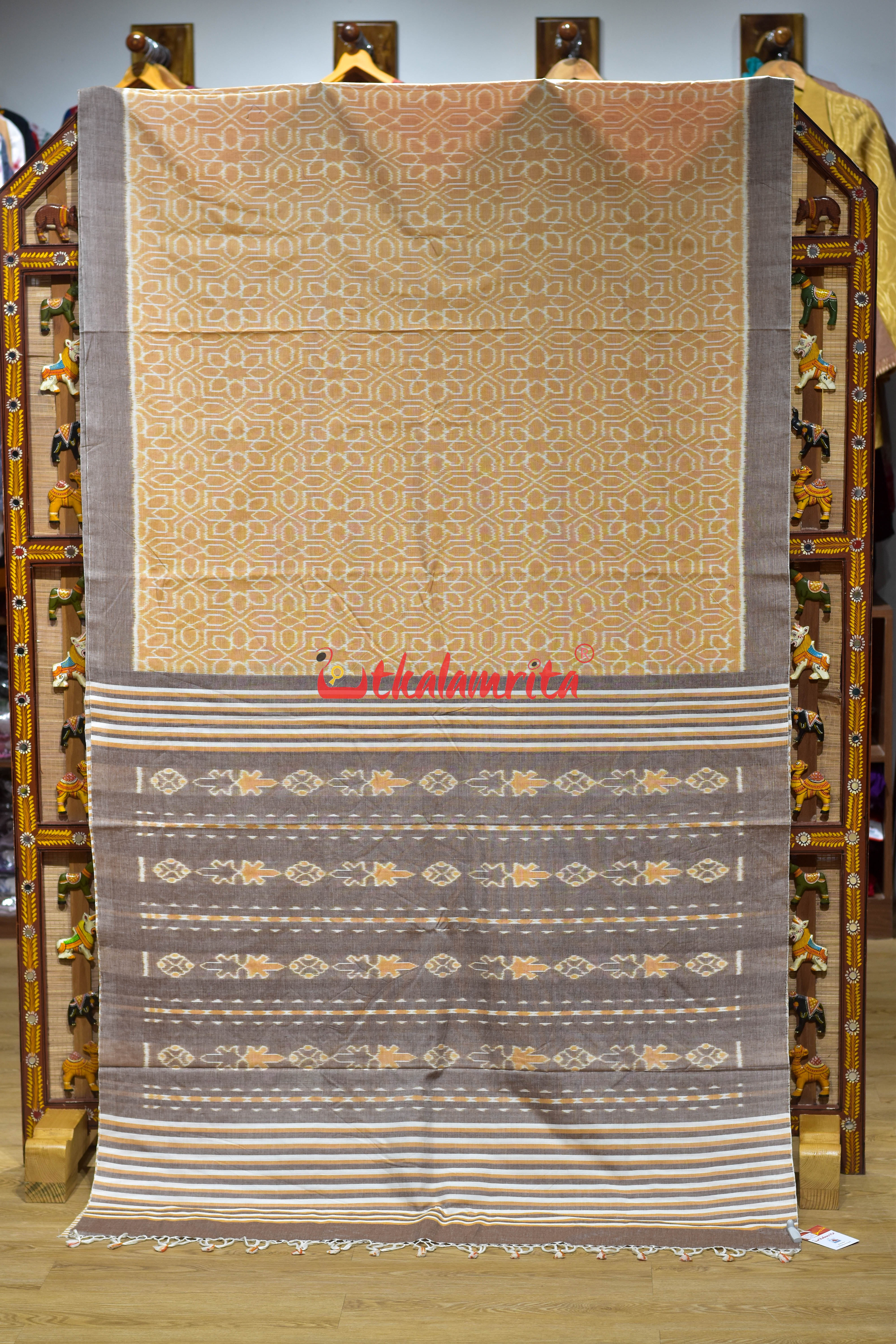 Cream Mandala Art Khandua Cotton Saree