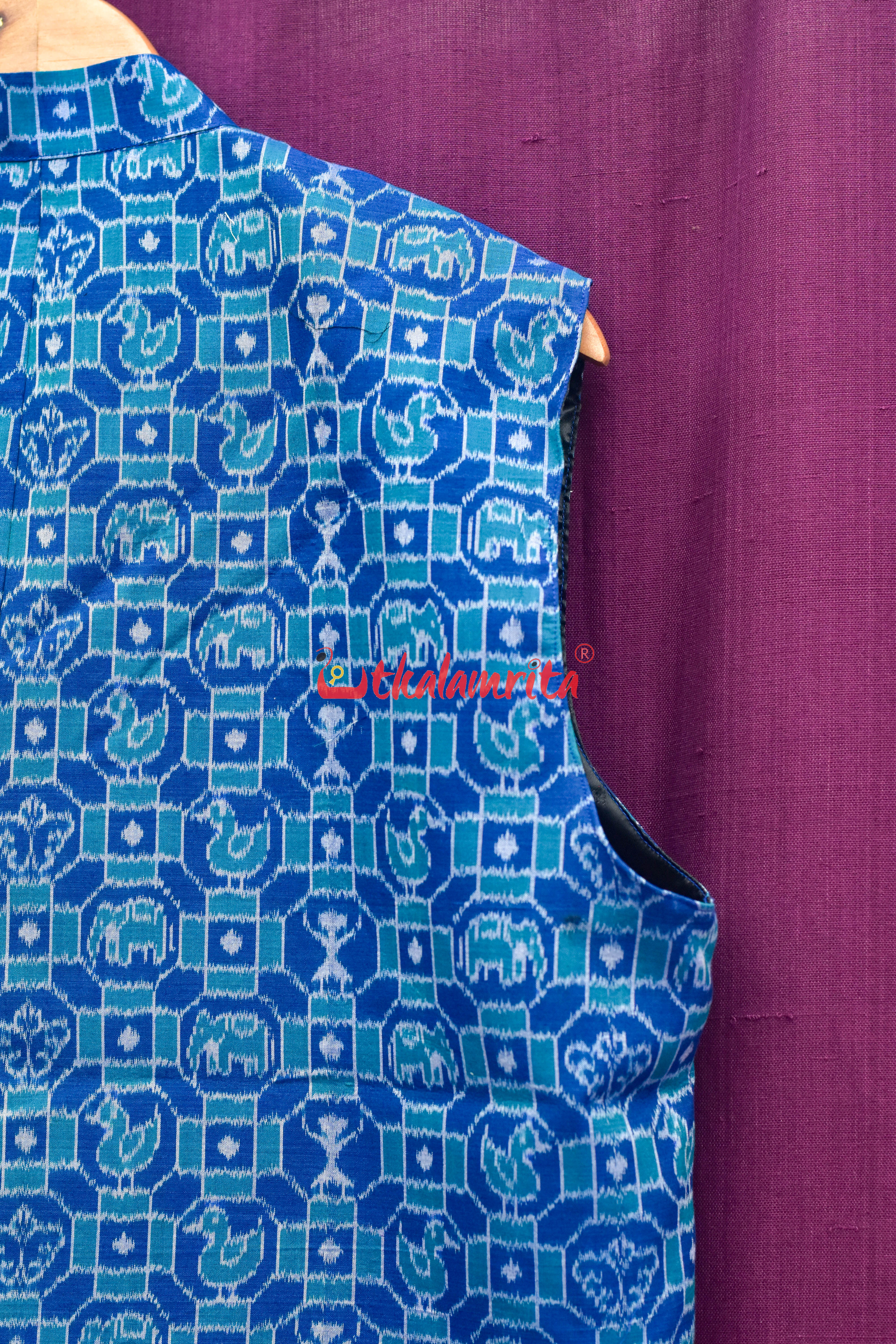 Blue 3D Elephant Sambalpuri Cotton (Modi Jacket)