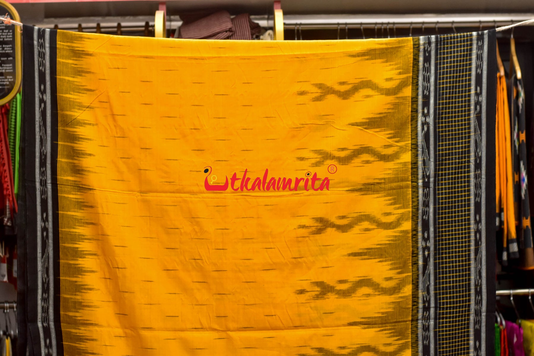 Yellow Black Check Daali Scot Khandua Cotton Saree