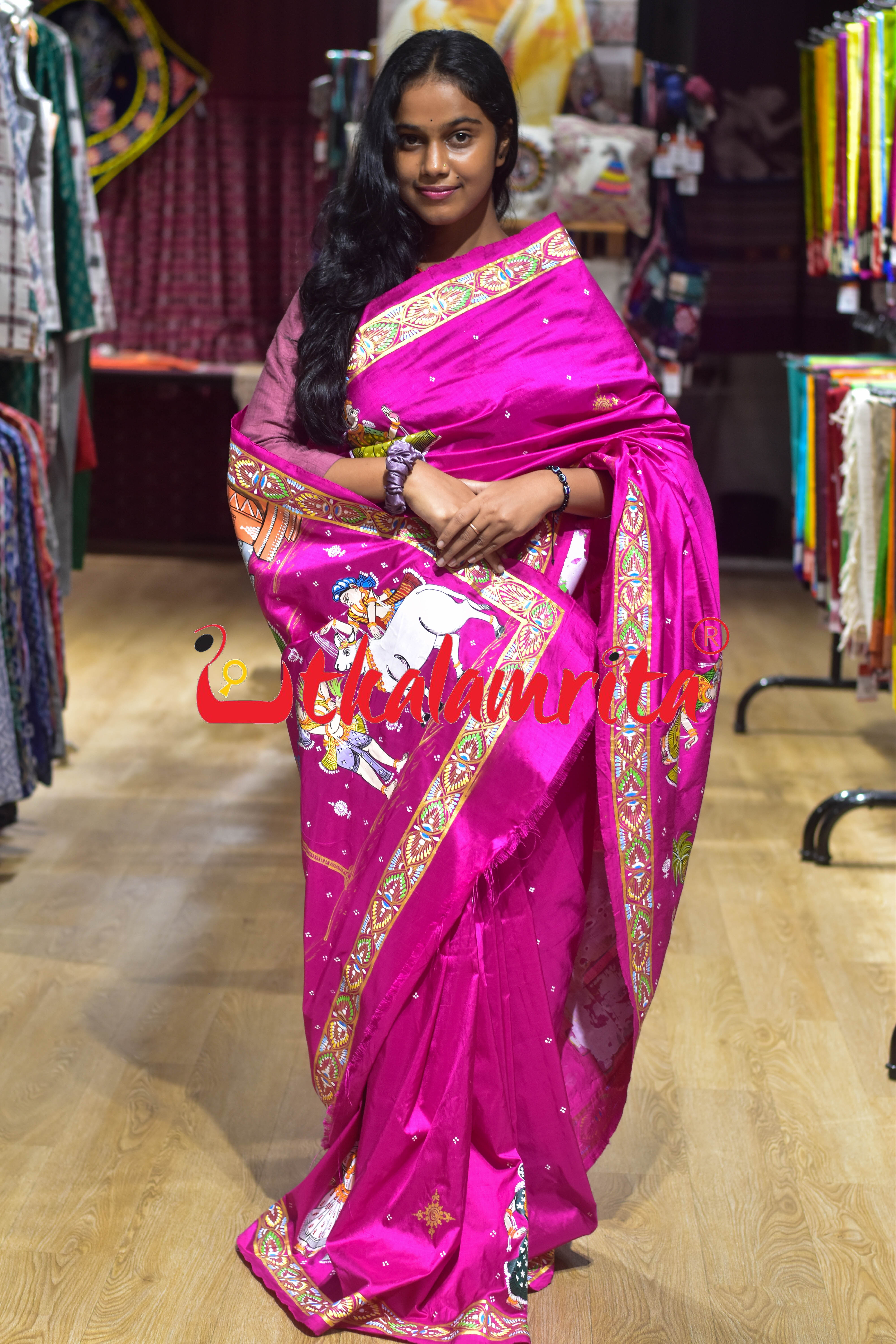 Rani Plain Rakhi Parba Pattachitra Silk Saree