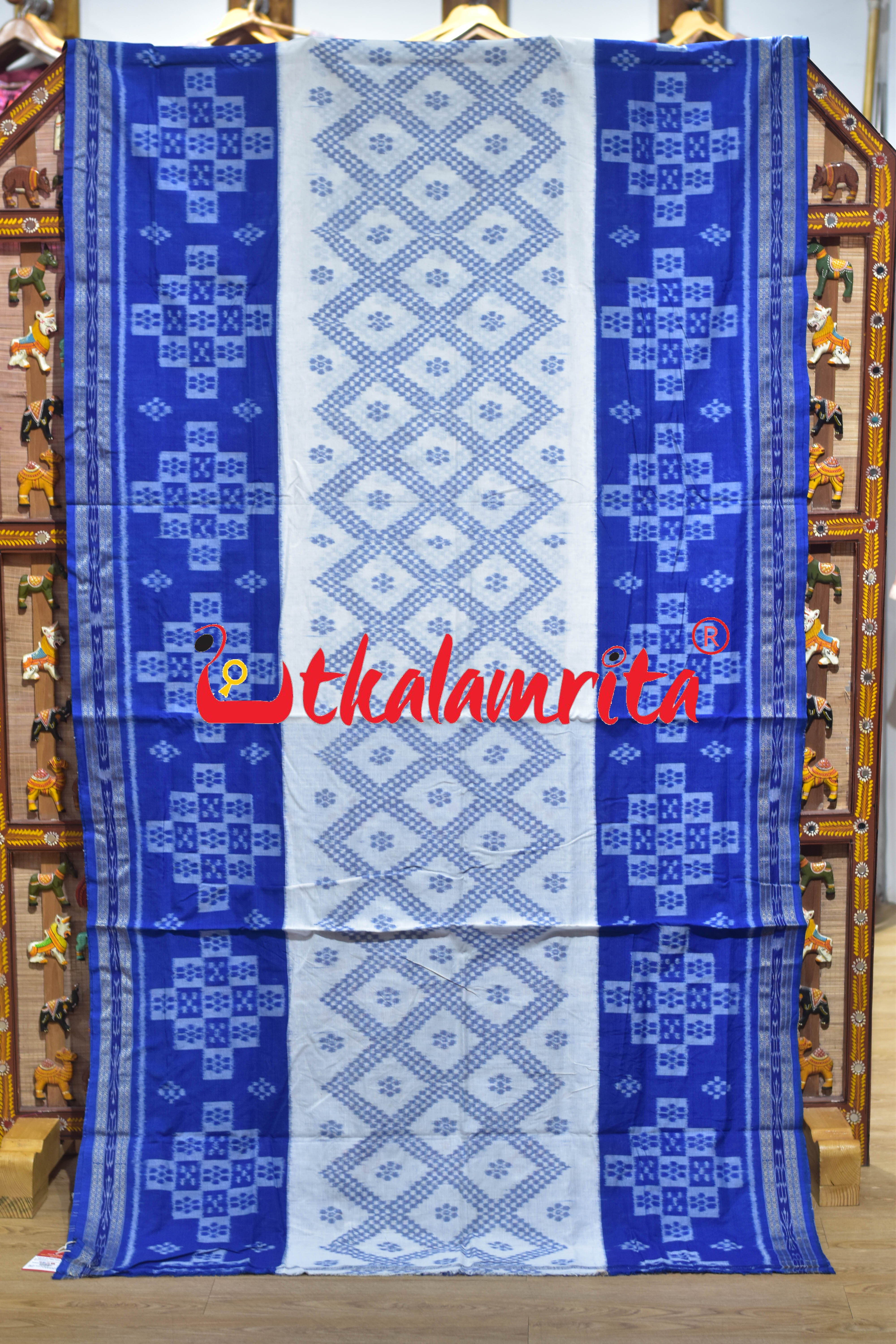 White Blue Tarabali Scot Khandua Cotton Saree
