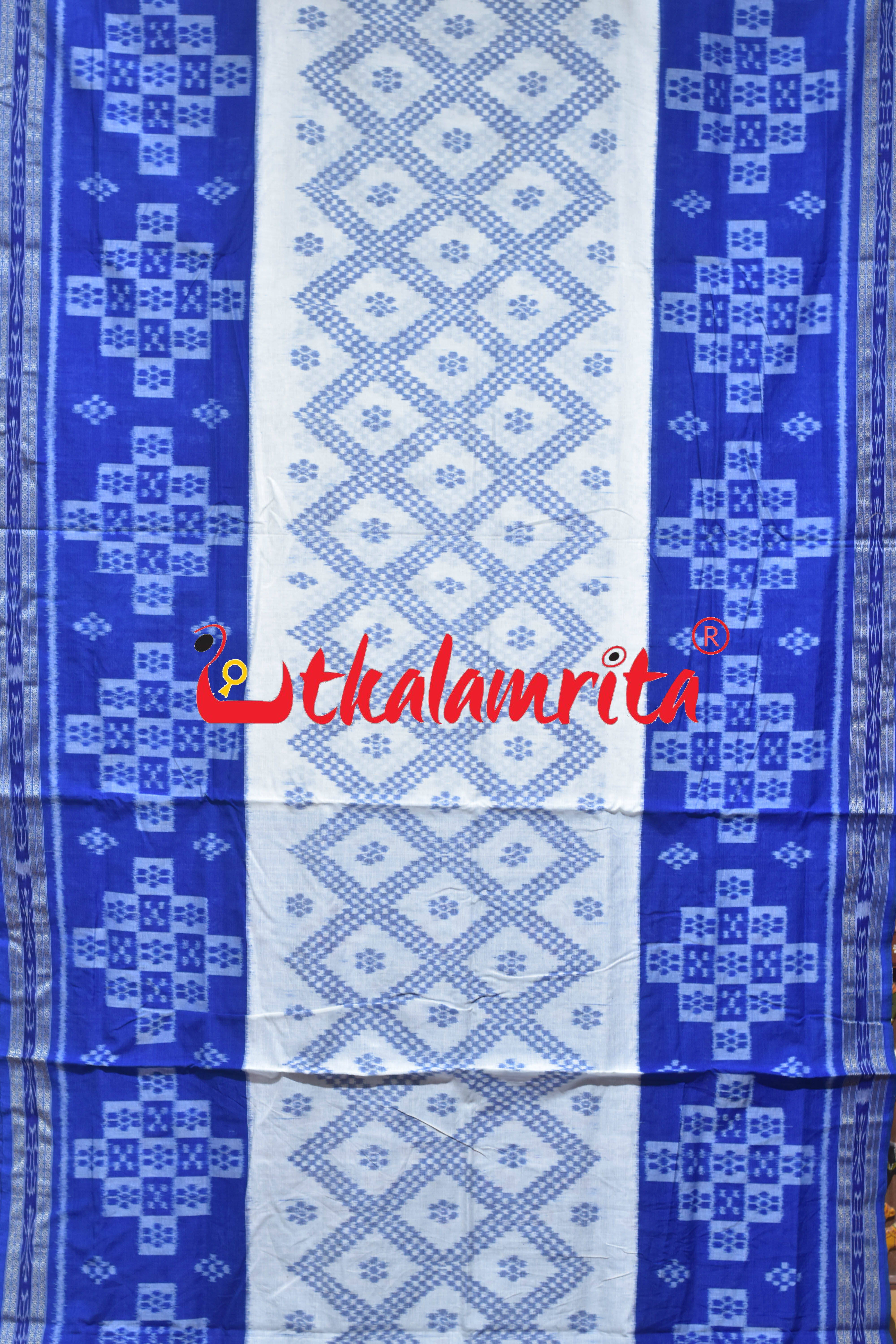 White Blue Tarabali Scot Khandua Cotton Saree