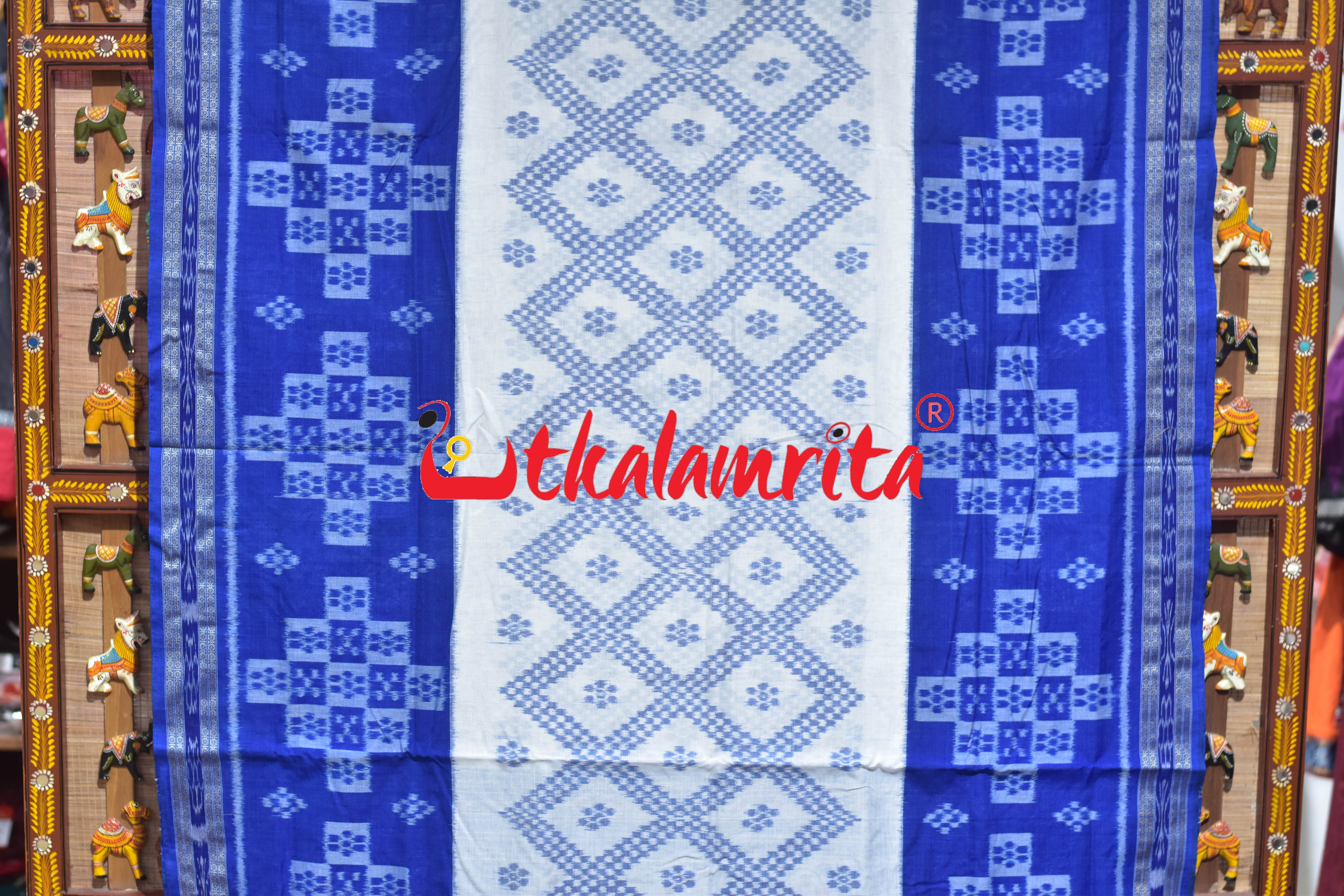 White Blue Tarabali Scot Khandua Cotton Saree