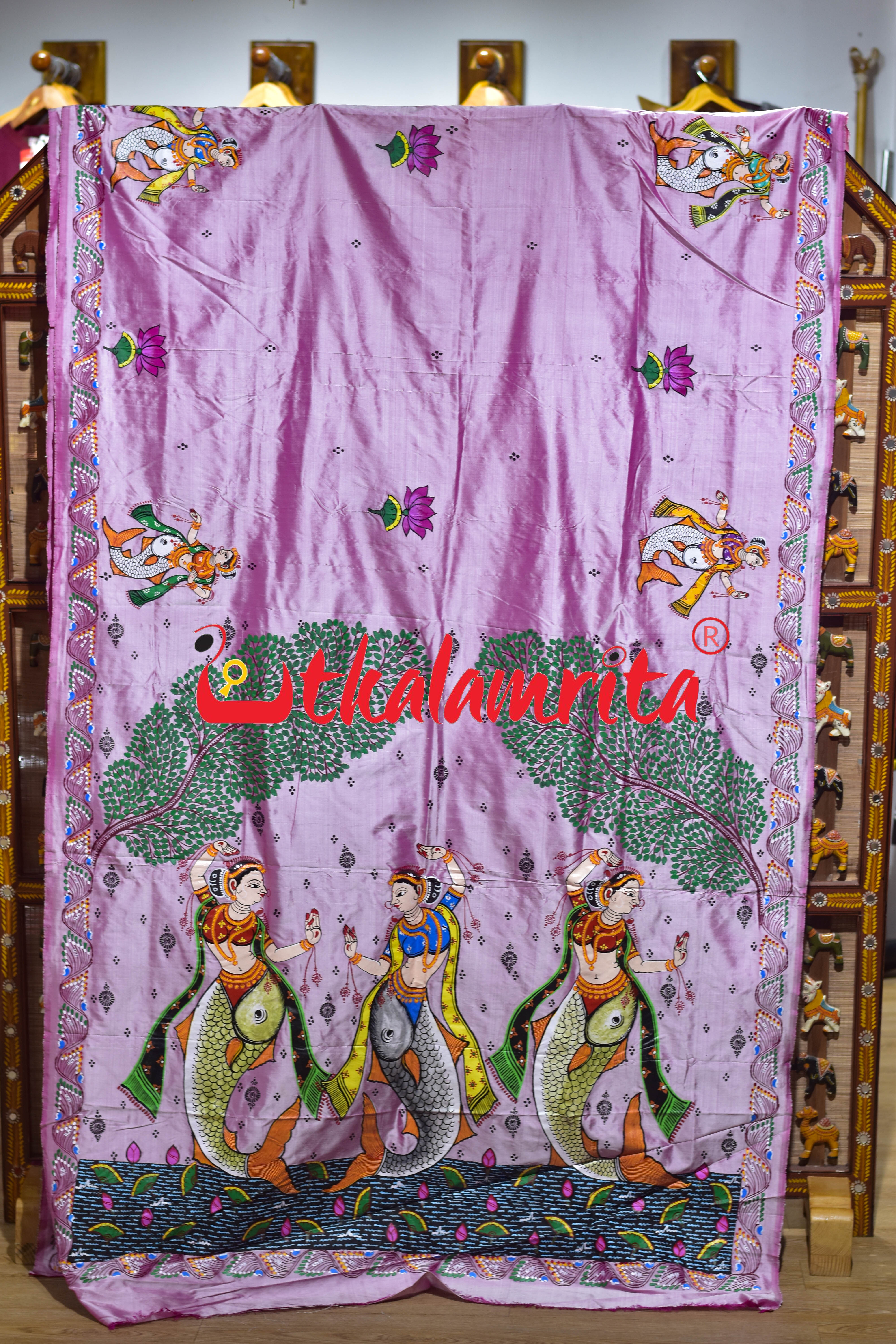 Light Pink Plain Mermaids Pattachitra Silk Saree