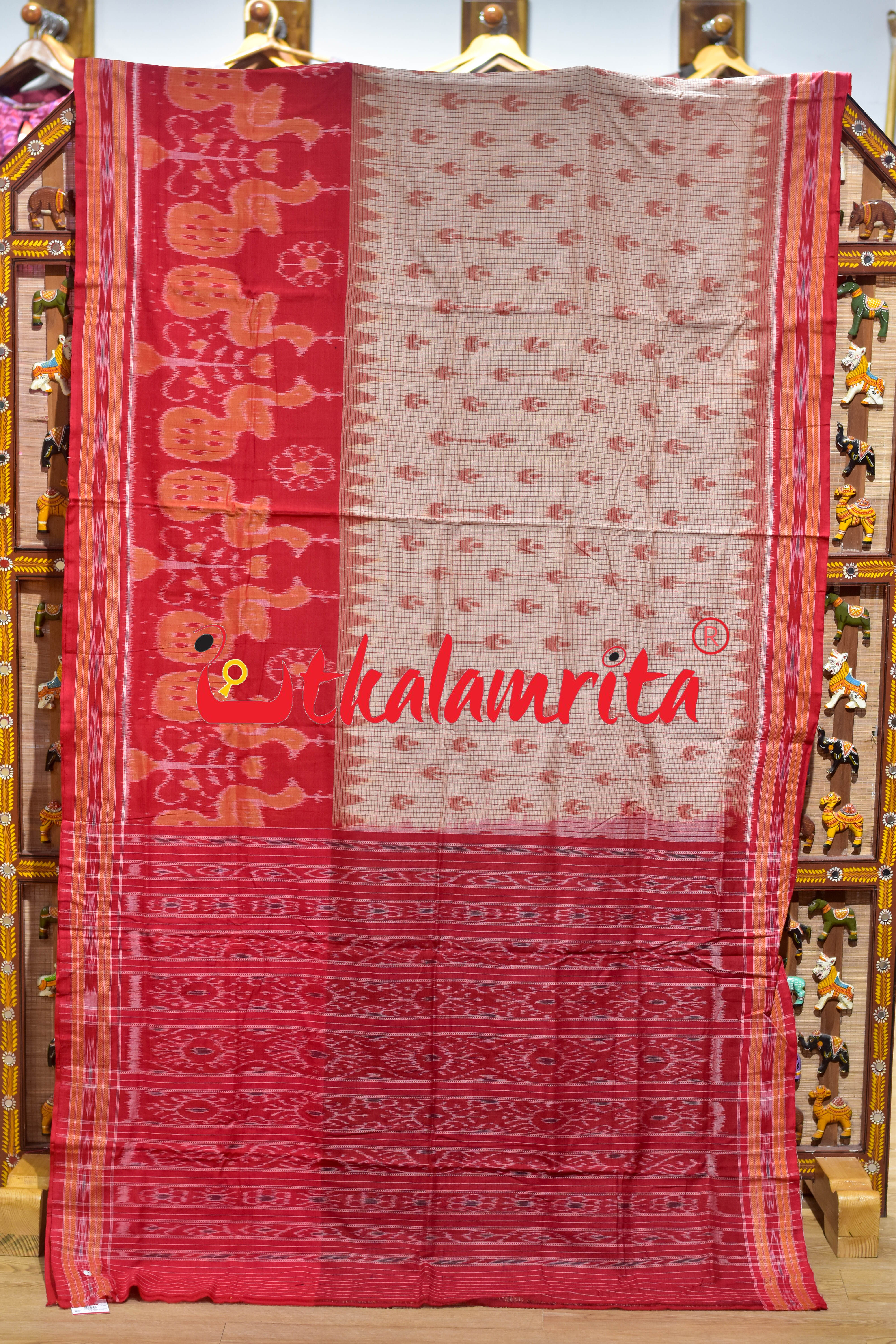Off White Red Peacock Scot Khandua Cotton Saree
