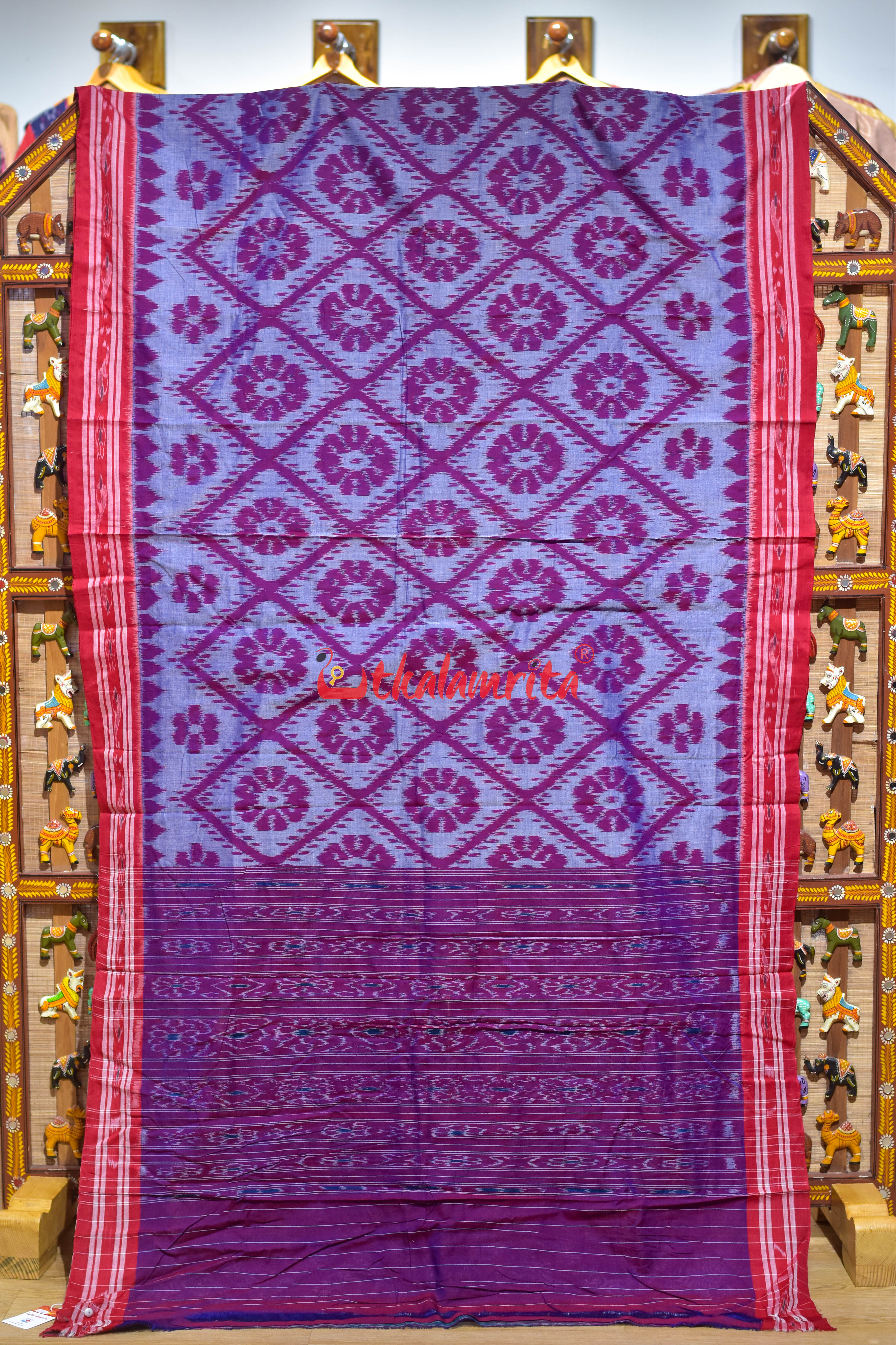 Blue Red Bada Phula Cotton Saree