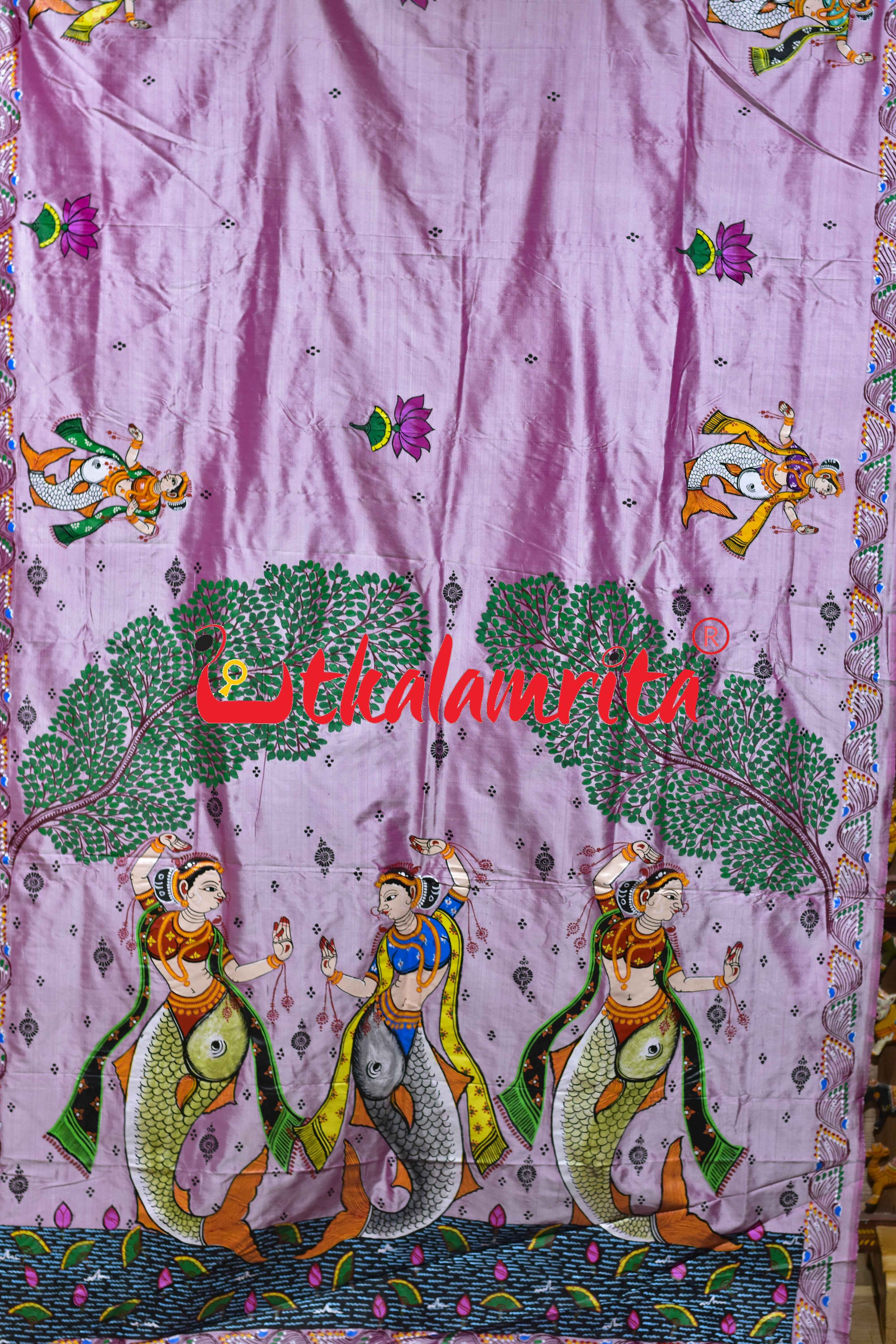Light Pink Plain Mermaids Pattachitra Silk Saree
