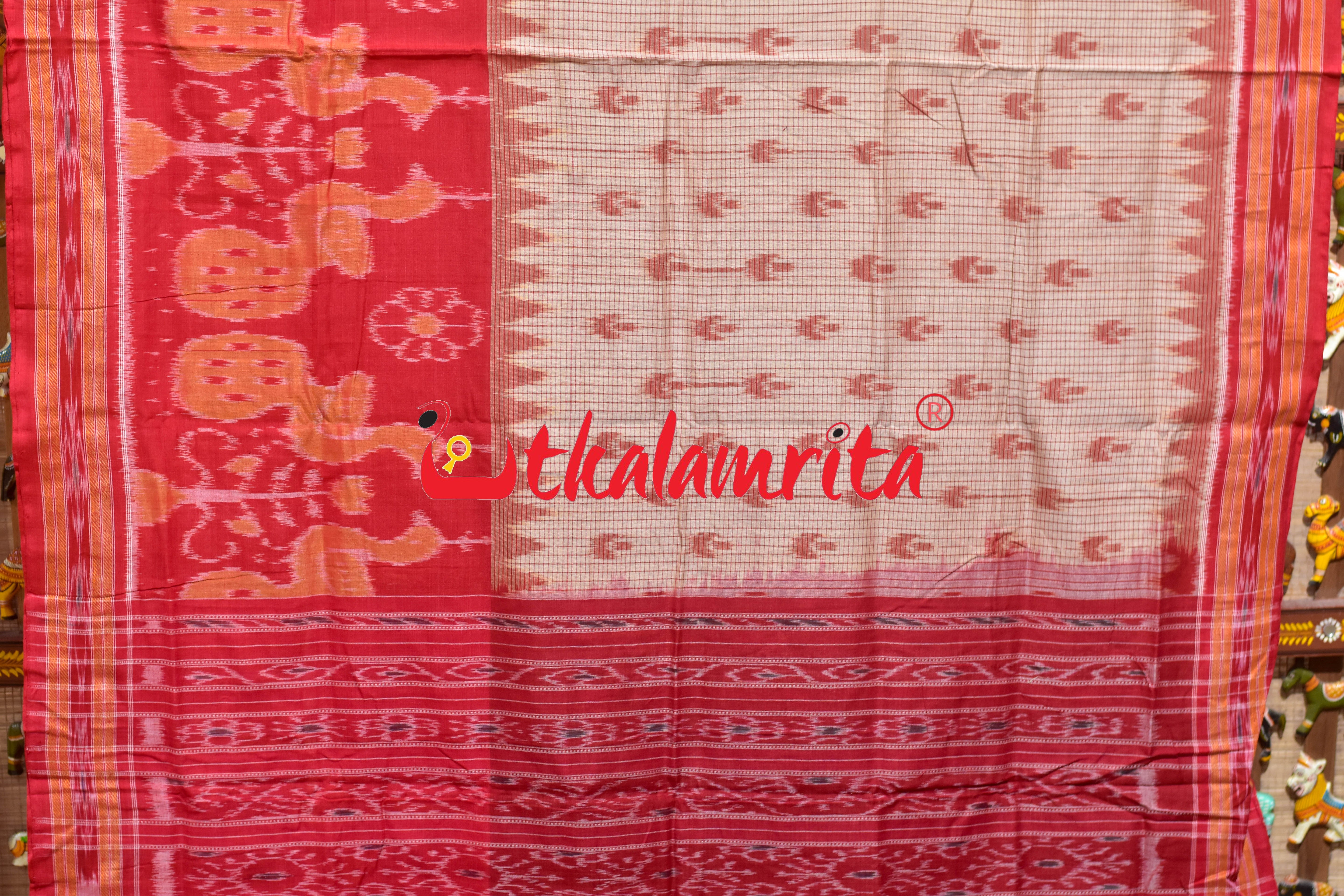 Off White Red Peacock Scot Khandua Cotton Saree
