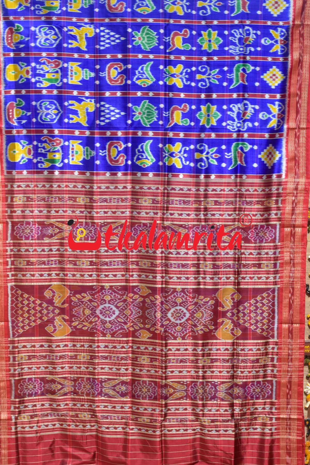 Shining Blue Dotted Nabakothi Khandua Silk Saree