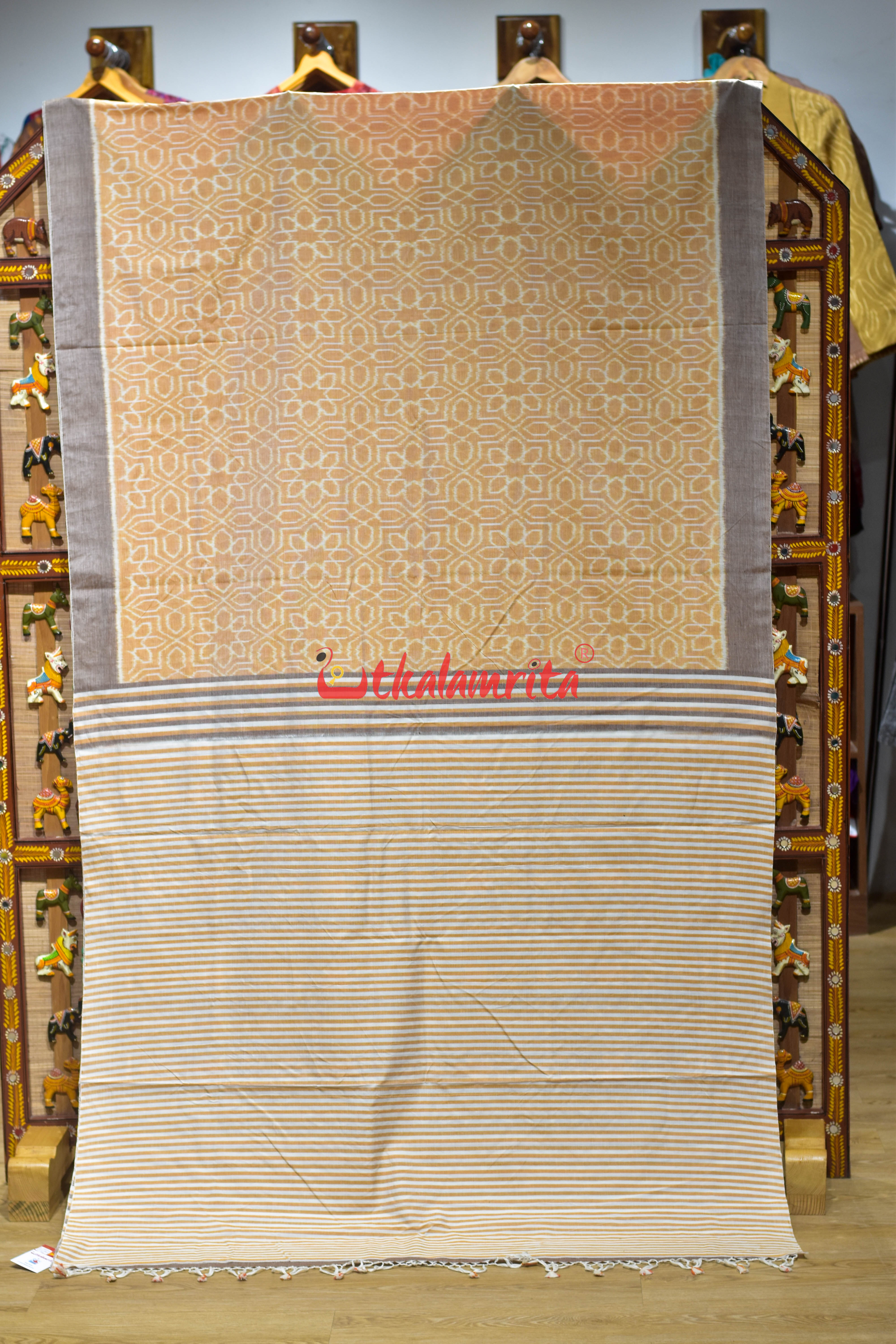 Cream Mandala Art Khandua Cotton Saree