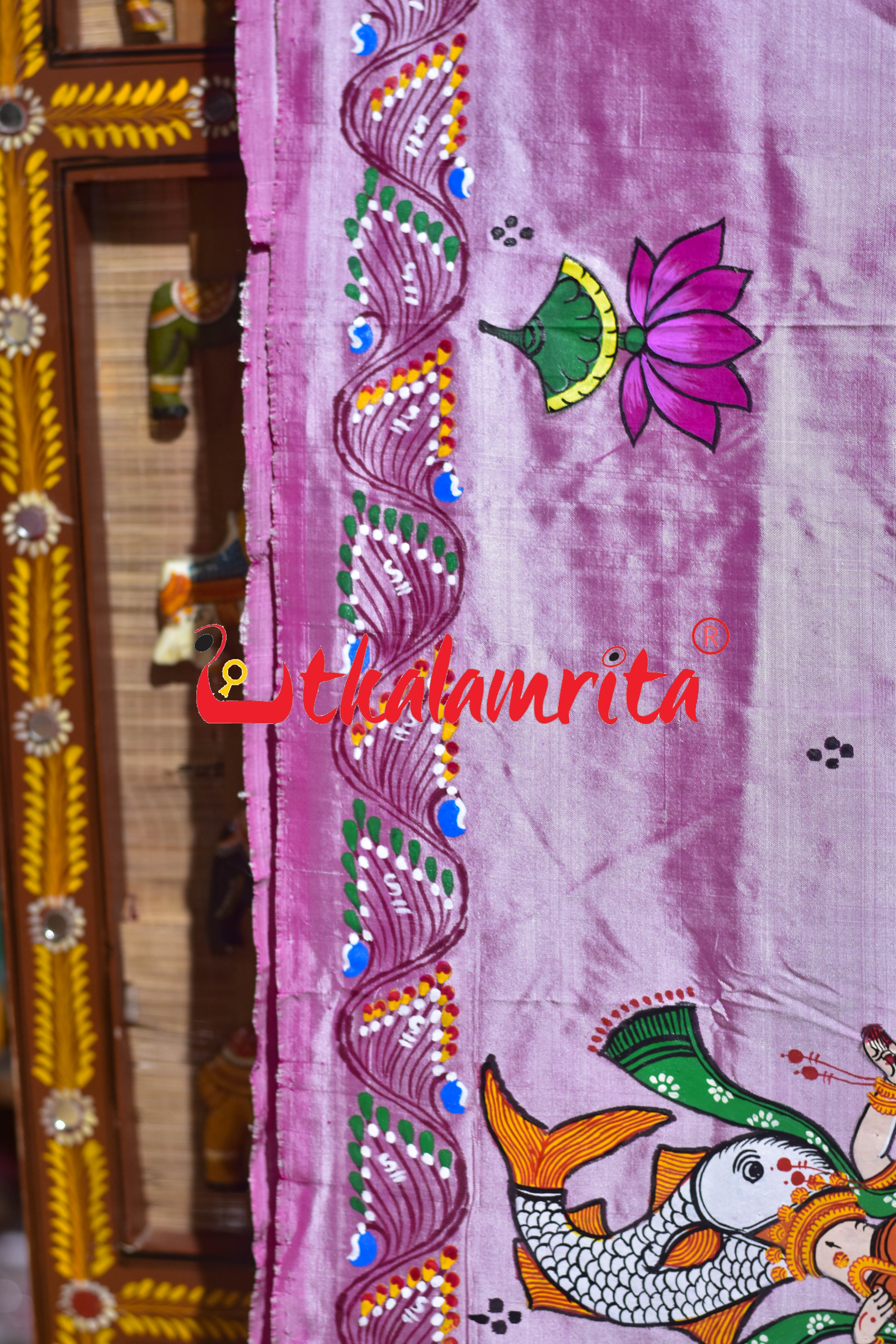 Light Pink Plain Mermaids Pattachitra Silk Saree