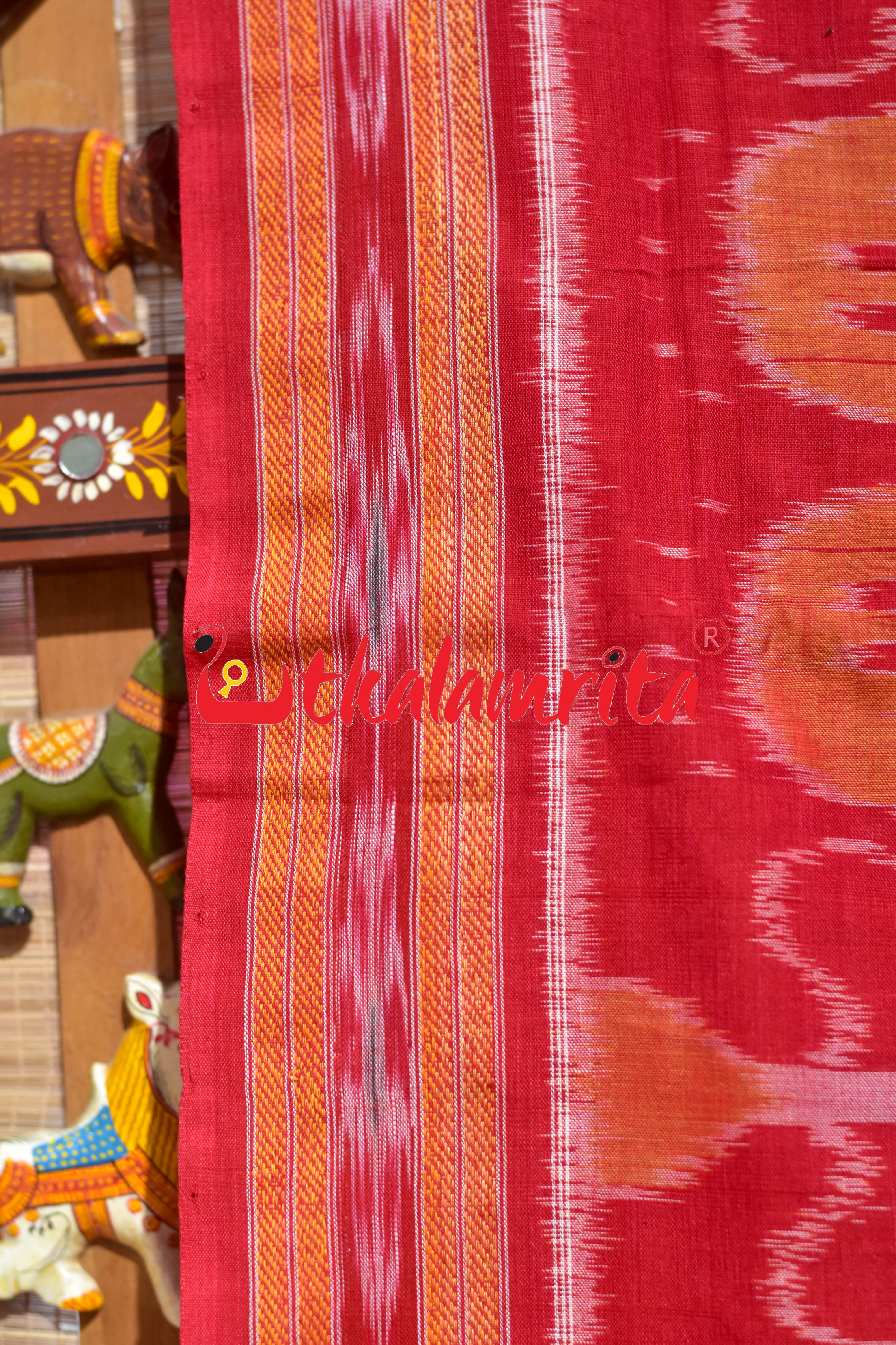 Off White Red Peacock Scot Khandua Cotton Saree