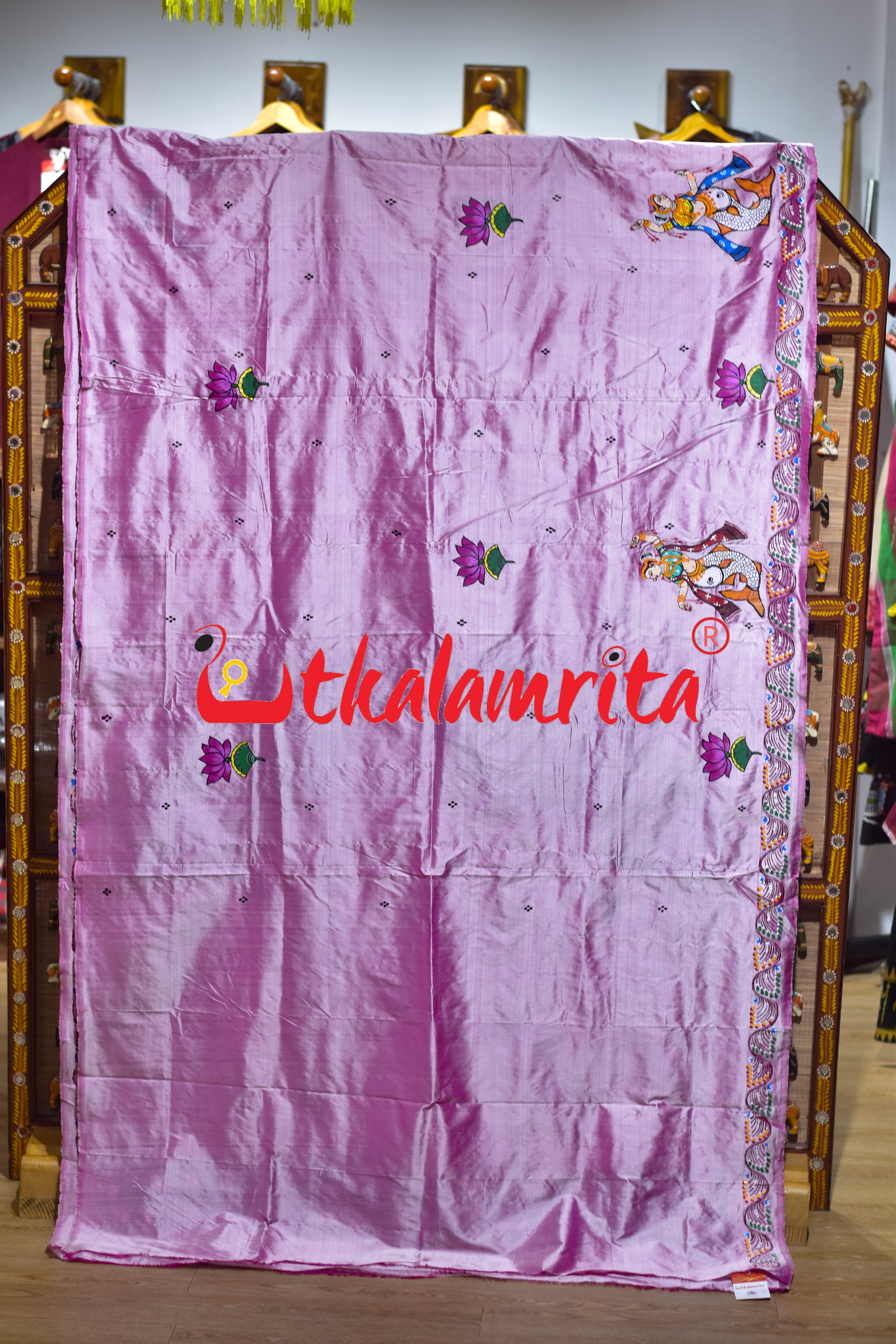 Light Pink Plain Mermaids Pattachitra Silk Saree