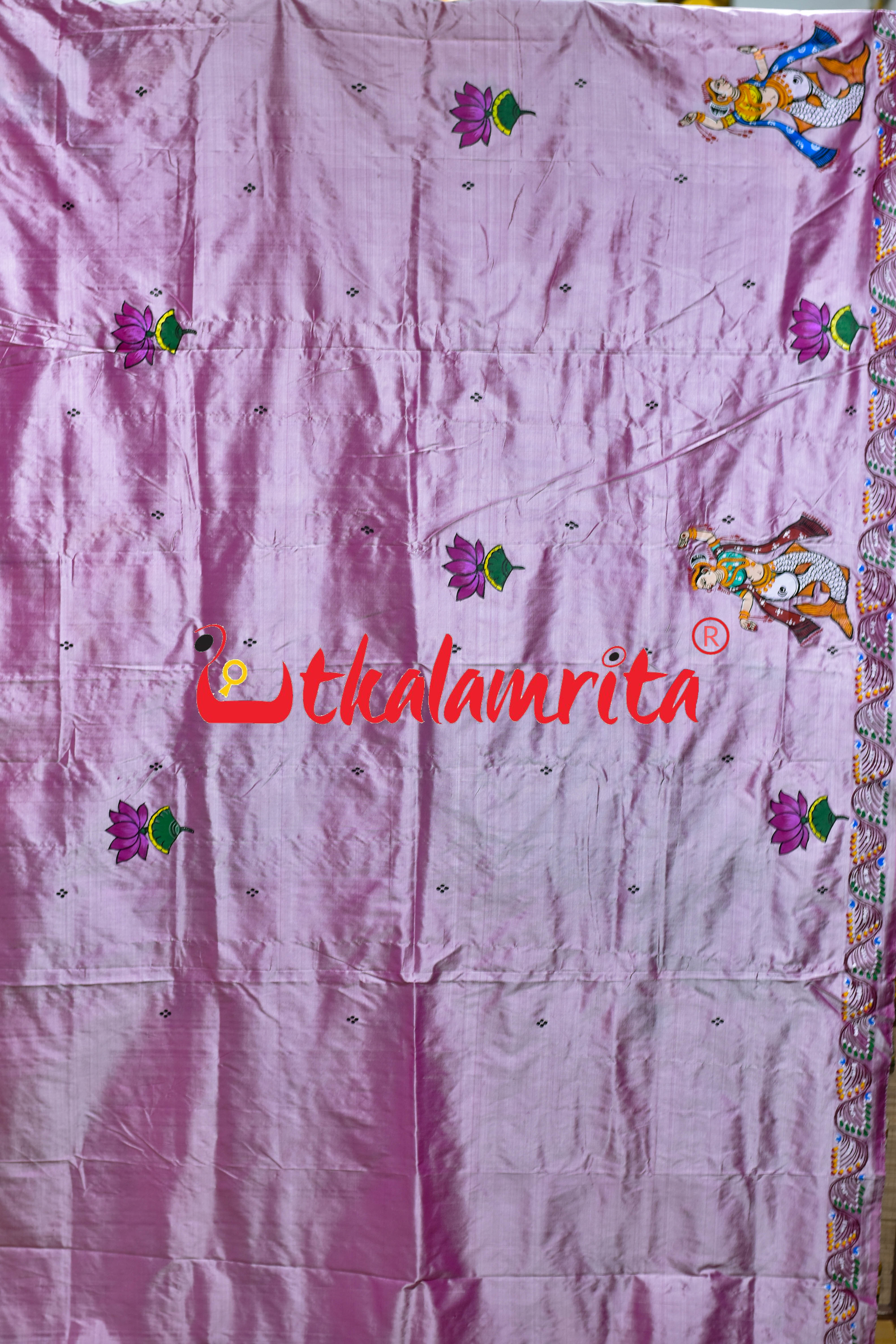 Light Pink Plain Mermaids Pattachitra Silk Saree