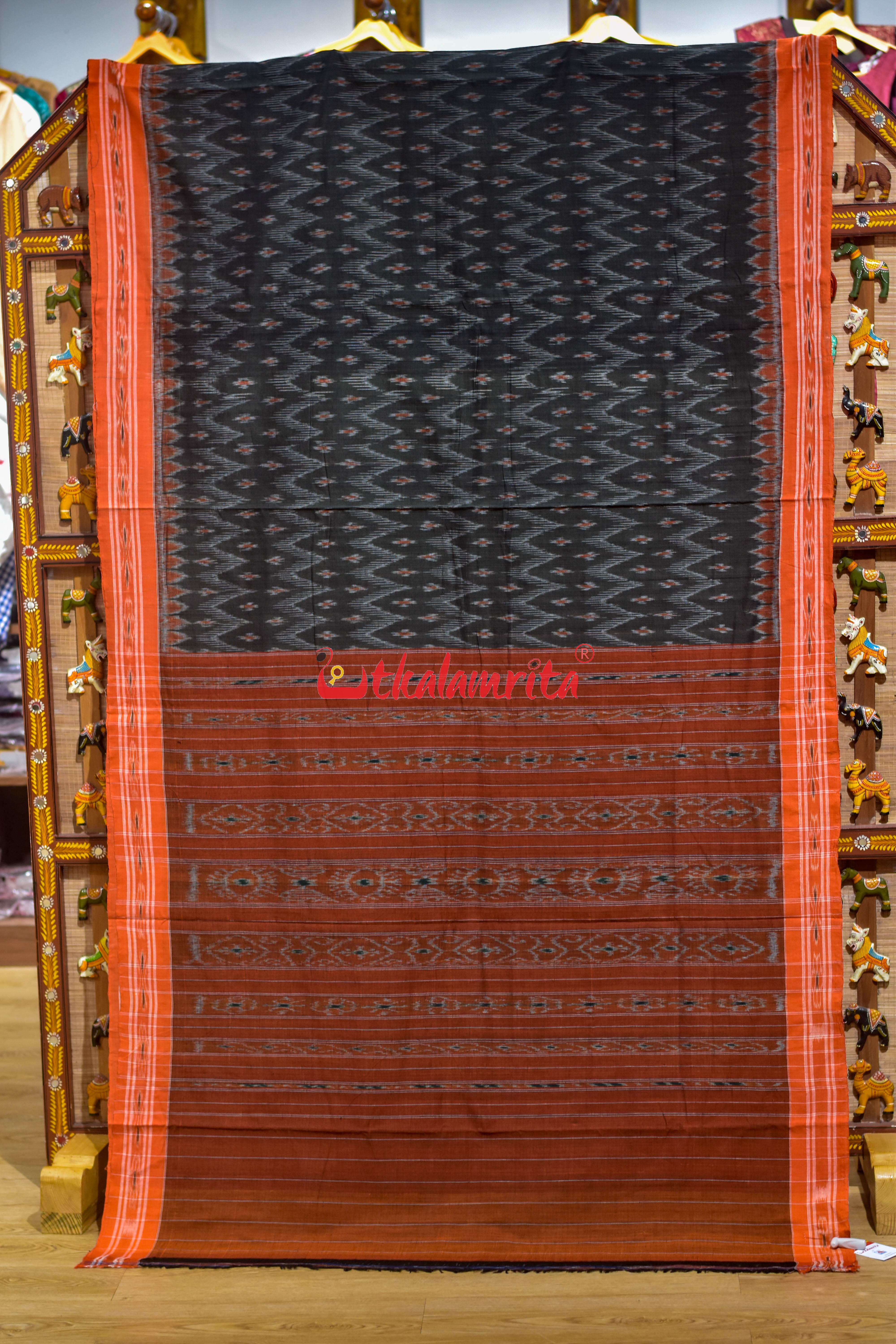 Olive with Orange Body Bandha Khandua Cotton Saree