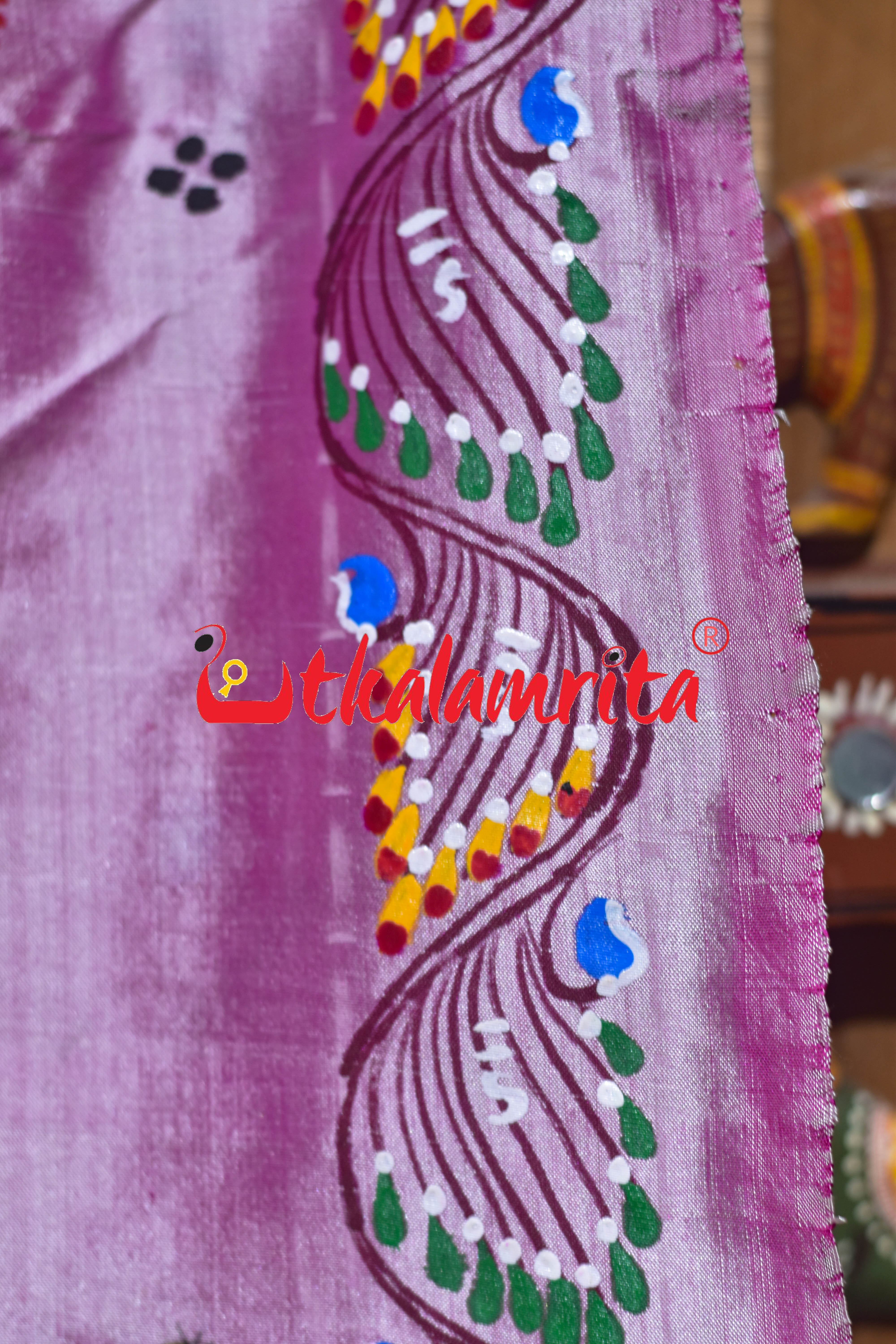 Light Pink Plain Mermaids Pattachitra Silk Saree