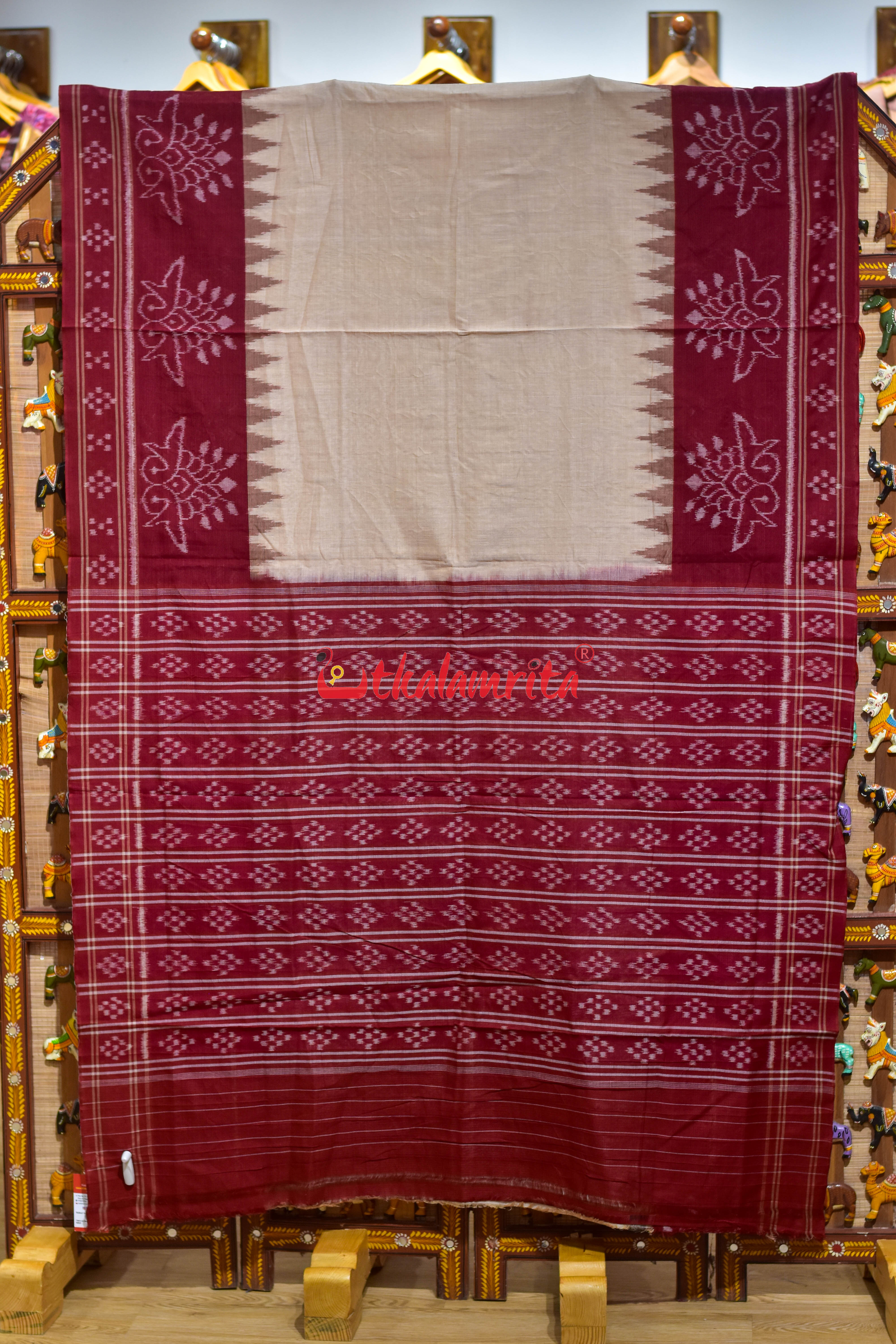 Tussarite with Maroon Flower Khandua Cotton Saree