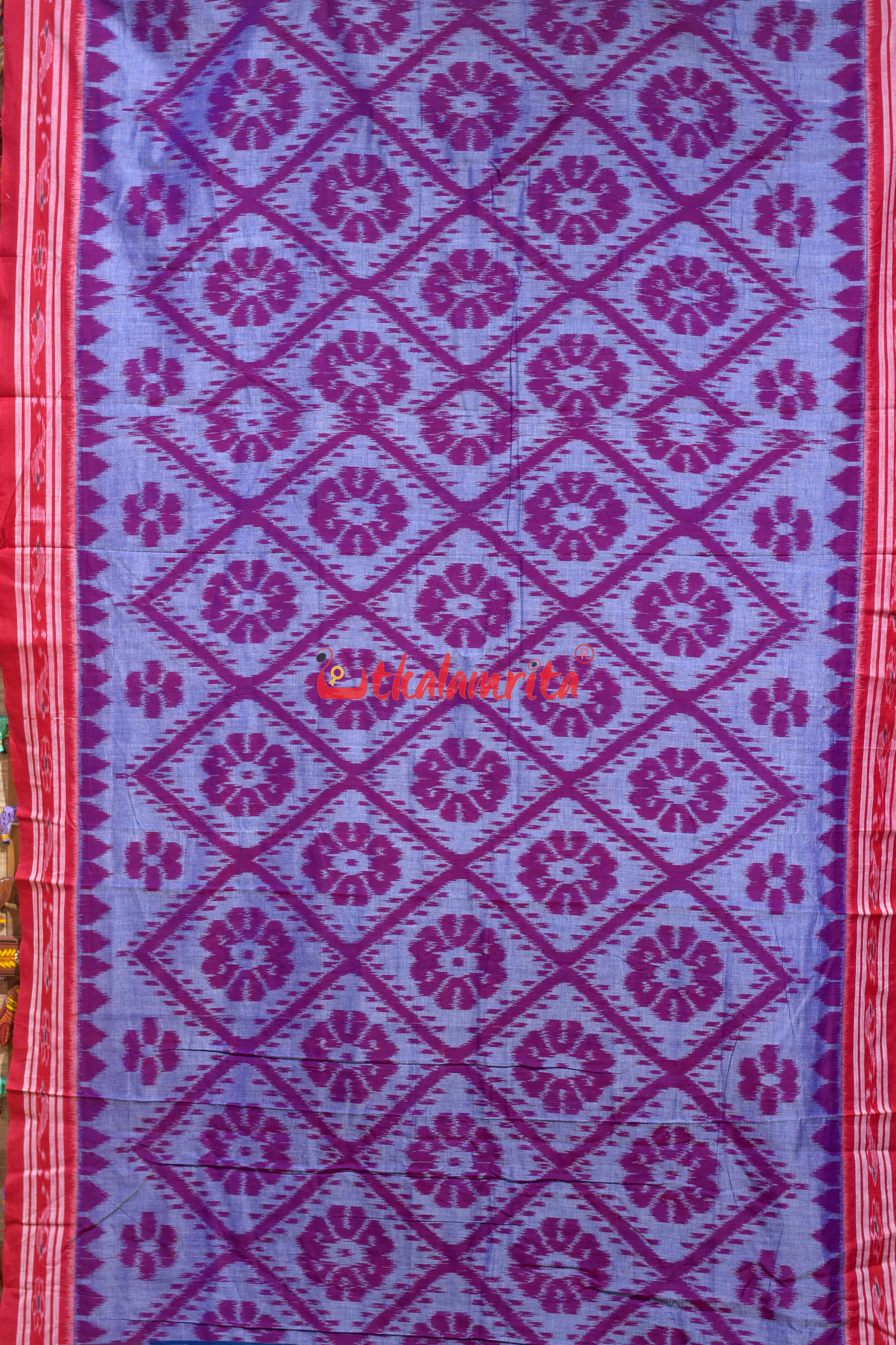 Blue Red Bada Phula Cotton Saree