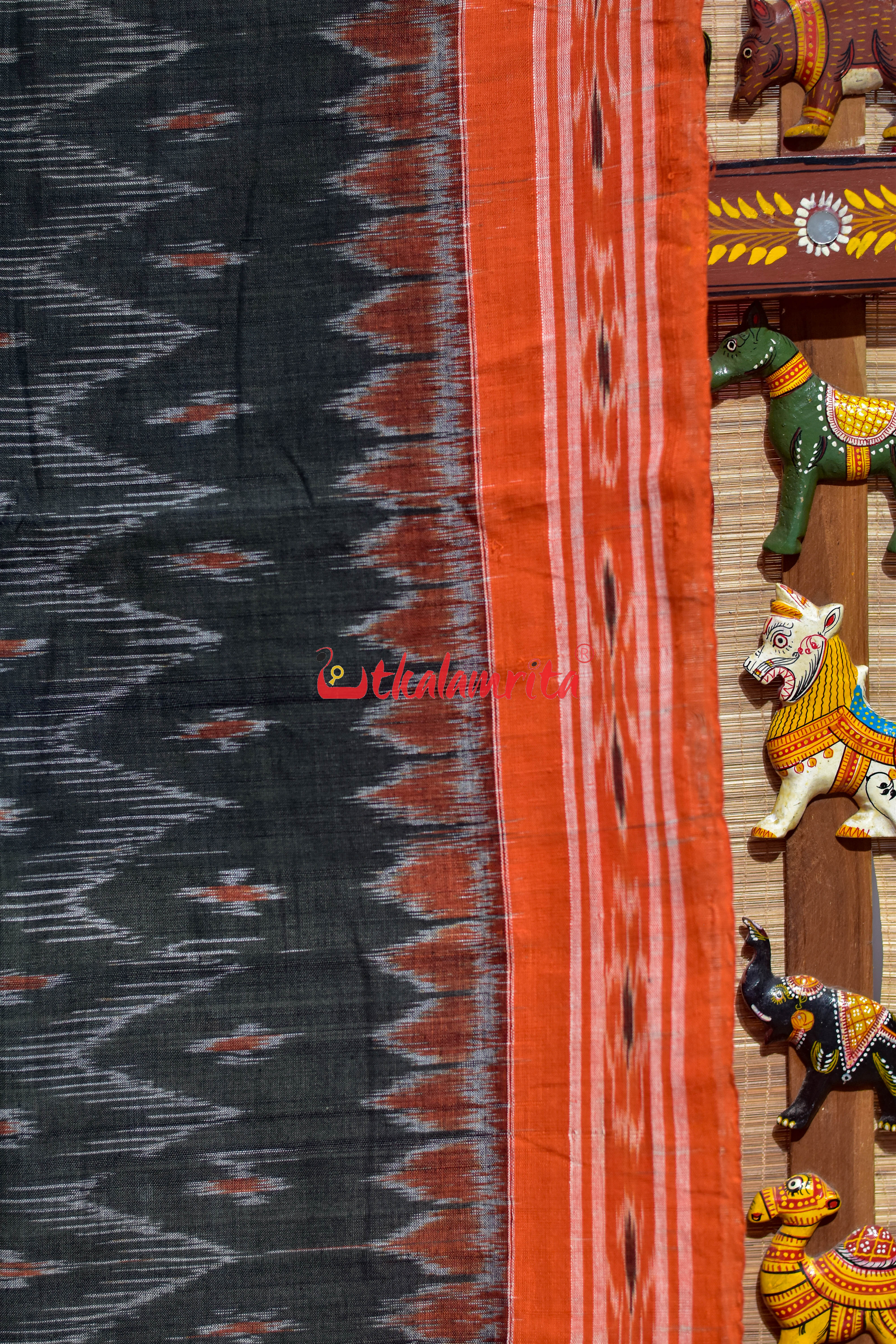 Olive with Orange Body Bandha Khandua Cotton Saree