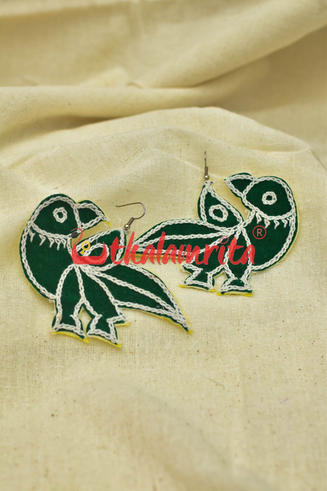 Green Parrots (Pipli applique danglers)