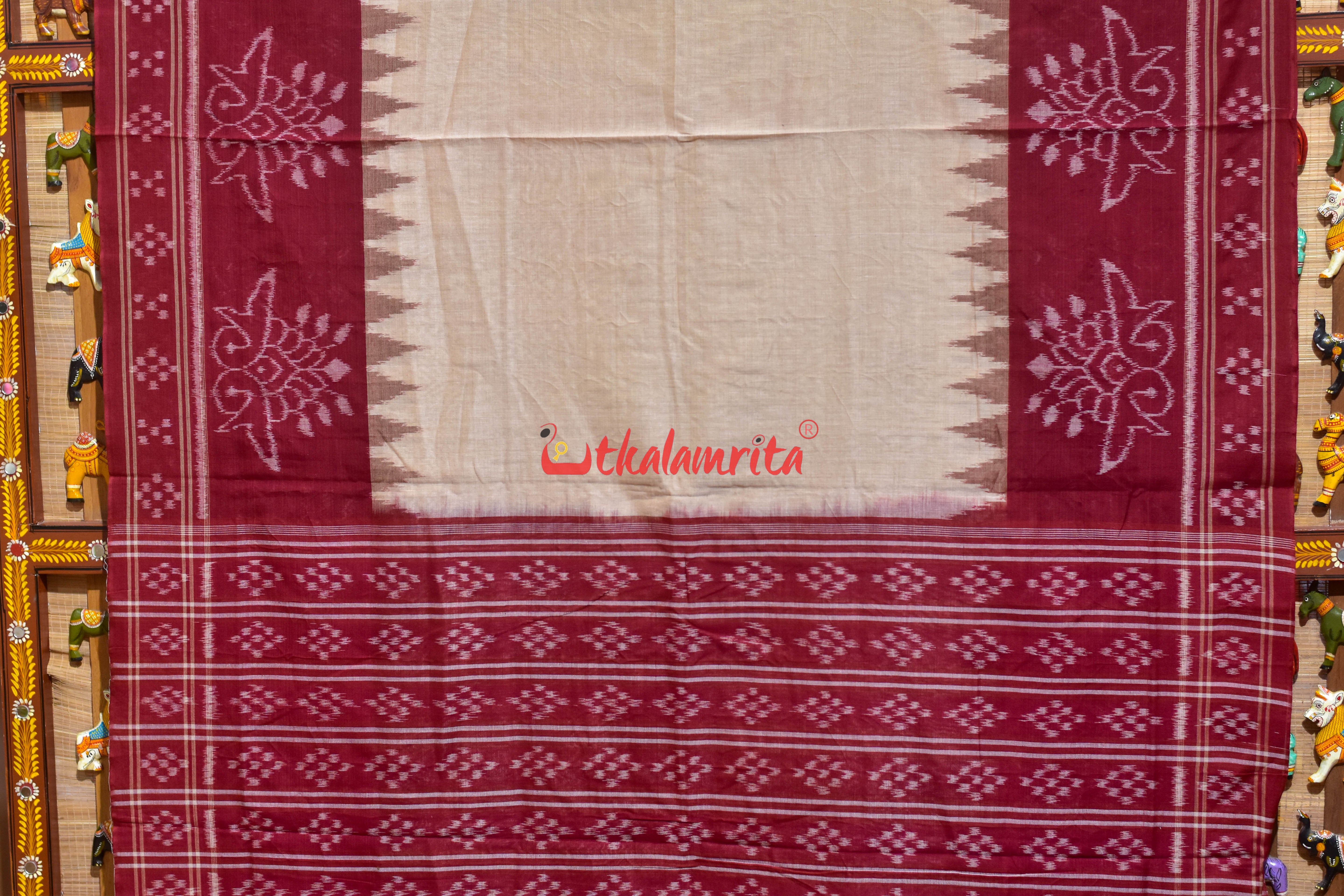 Tussarite with Maroon Flower Khandua Cotton Saree