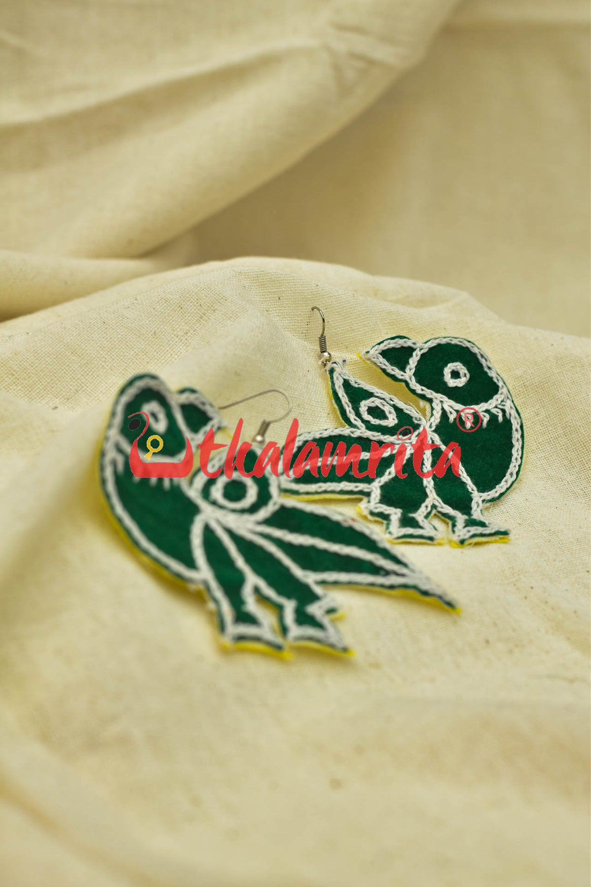 Green Parrots (Pipli applique danglers)