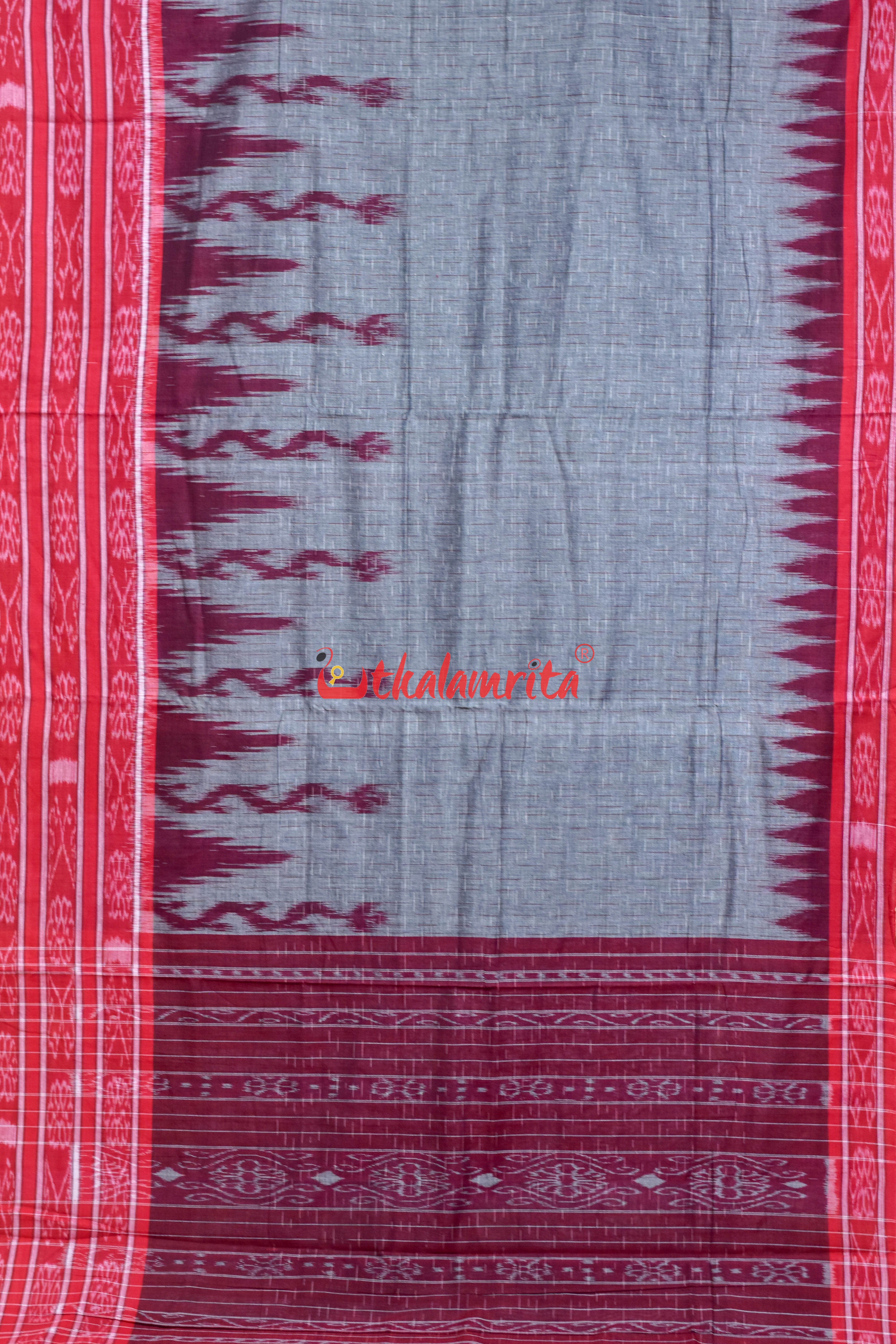 Grey Red Daali Scot Khandua Cotton Saree