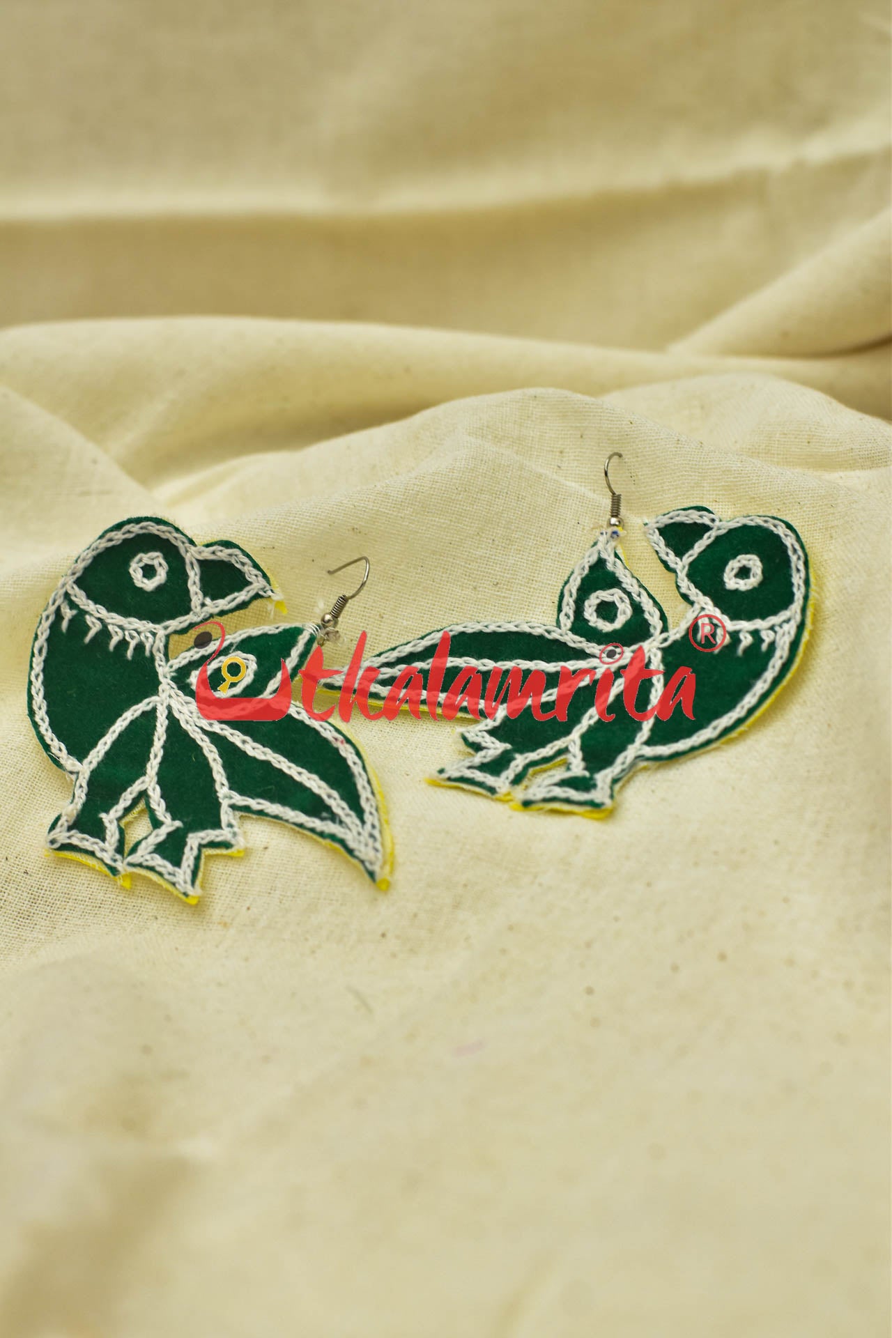 Green Parrots (Pipli applique danglers)