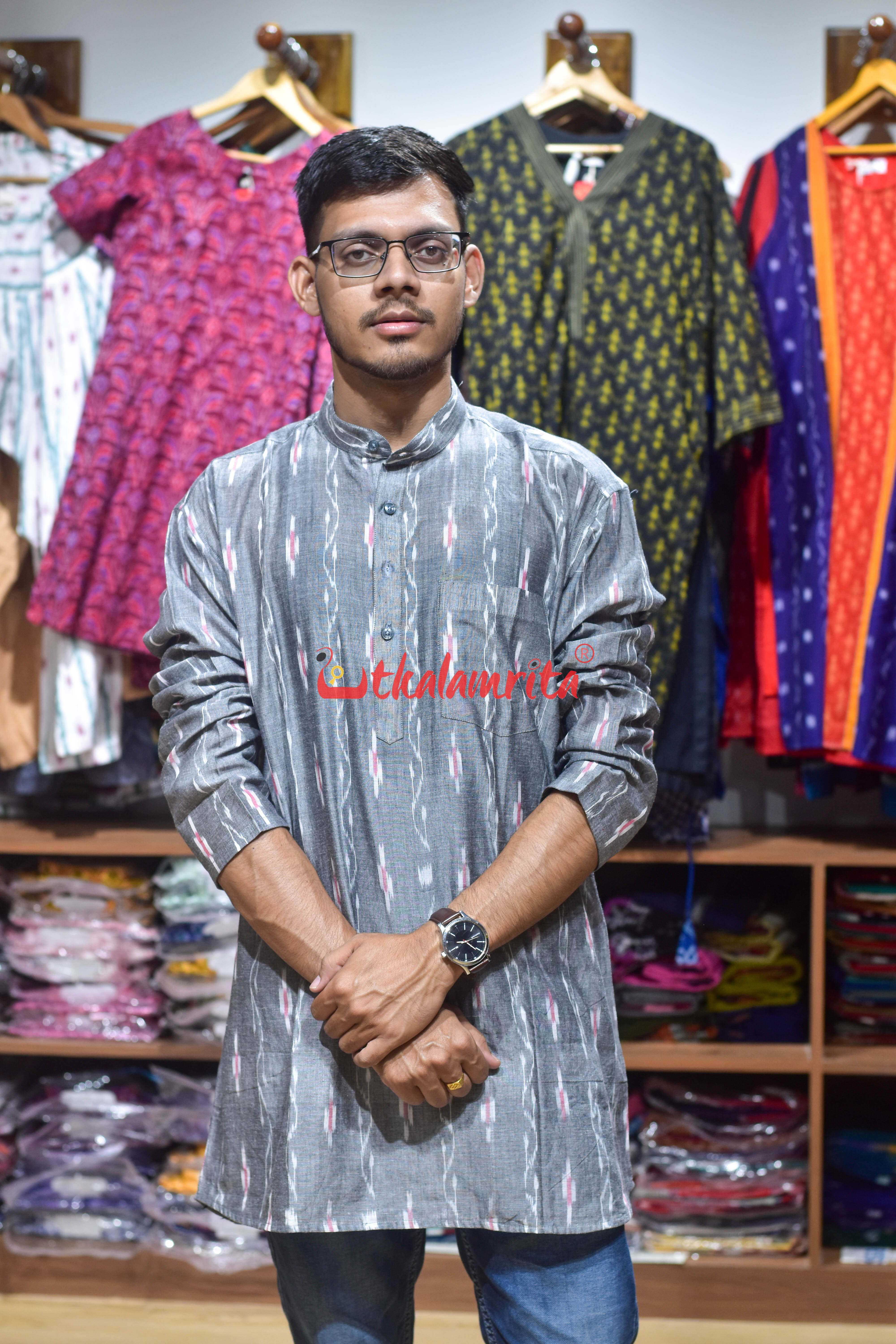 Grey Lata Pasapali (Men's Short Kurta)