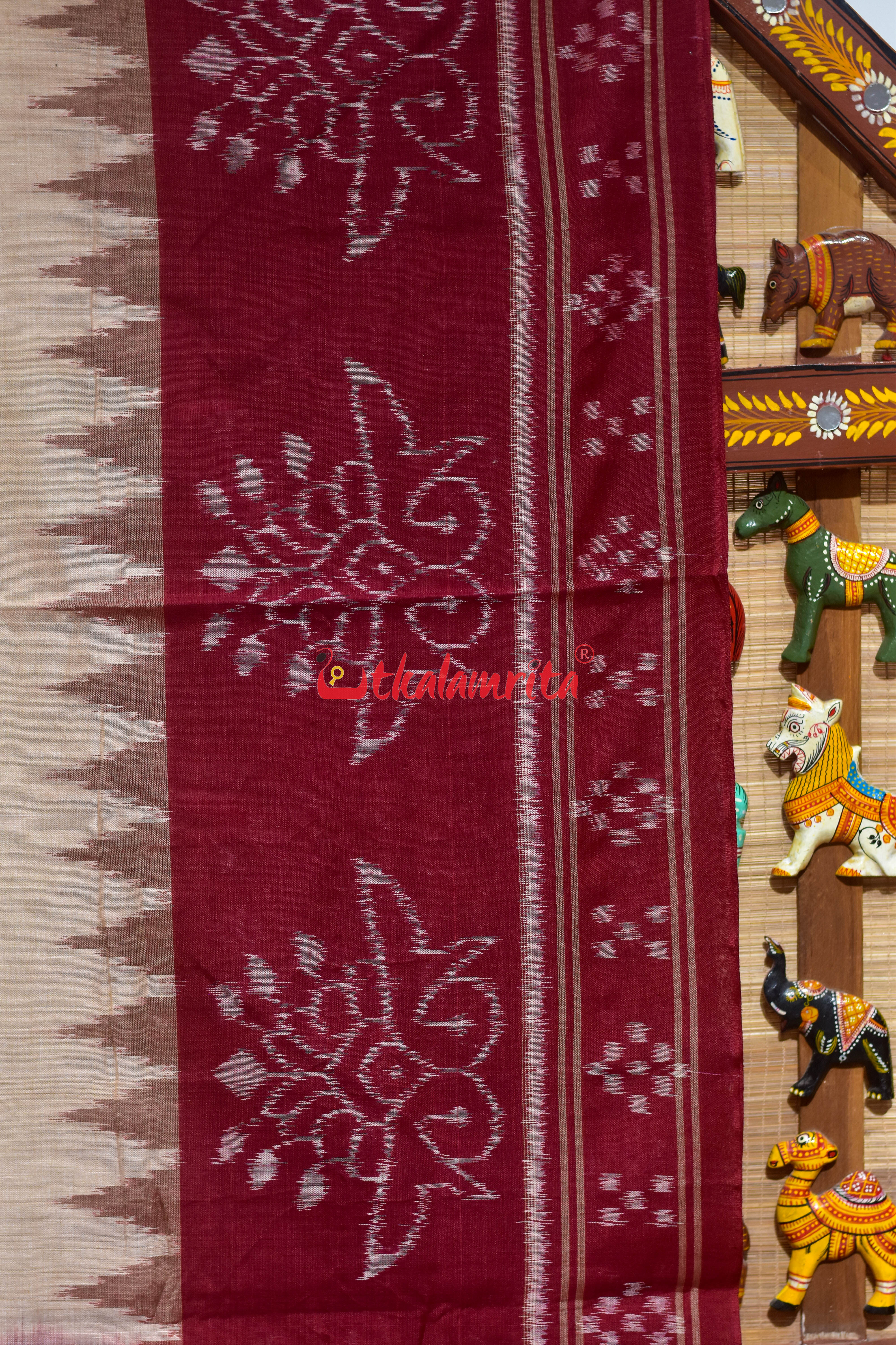 Tussarite with Maroon Flower Khandua Cotton Saree