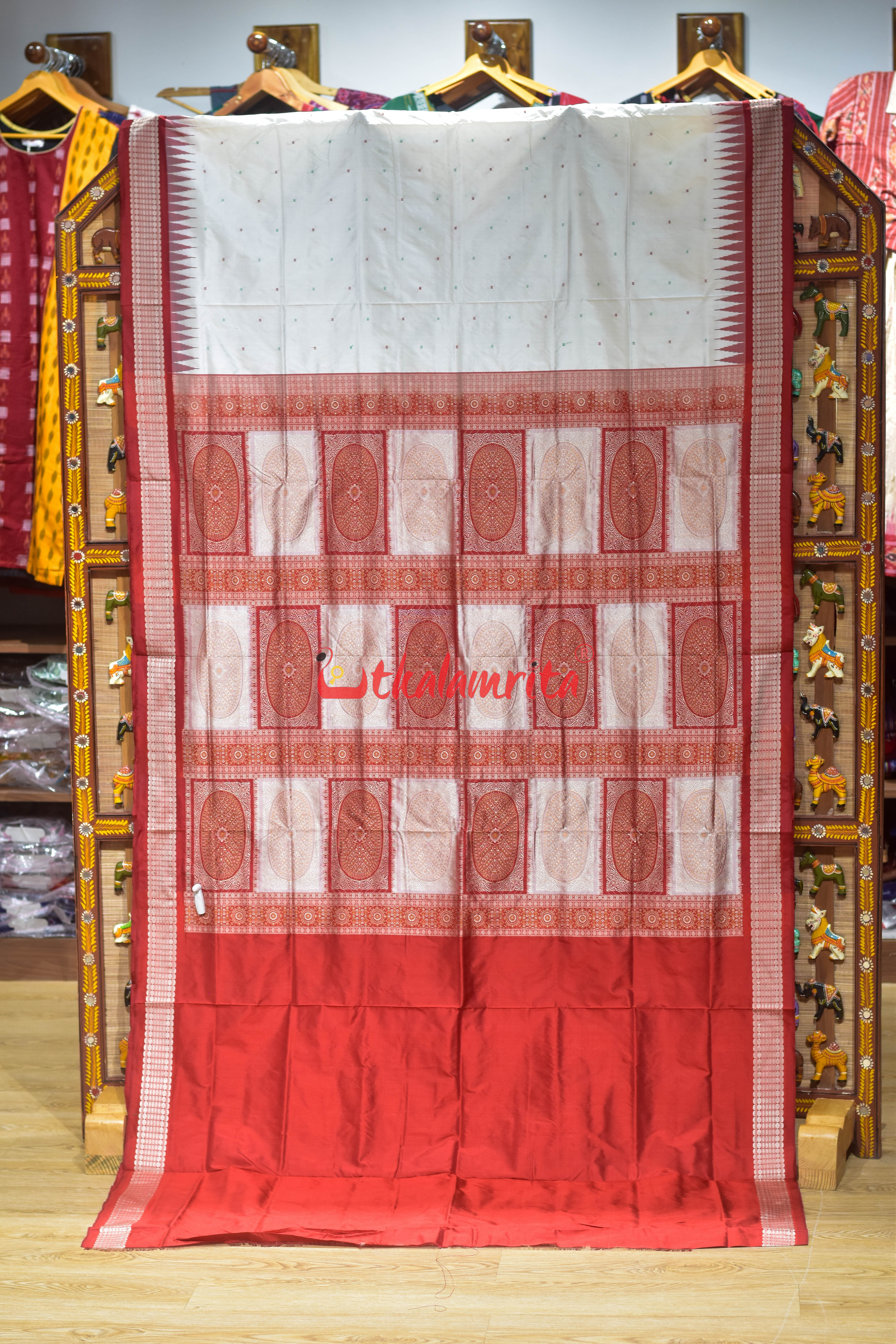 White with Red Buti Sambalpuri Silk Saree