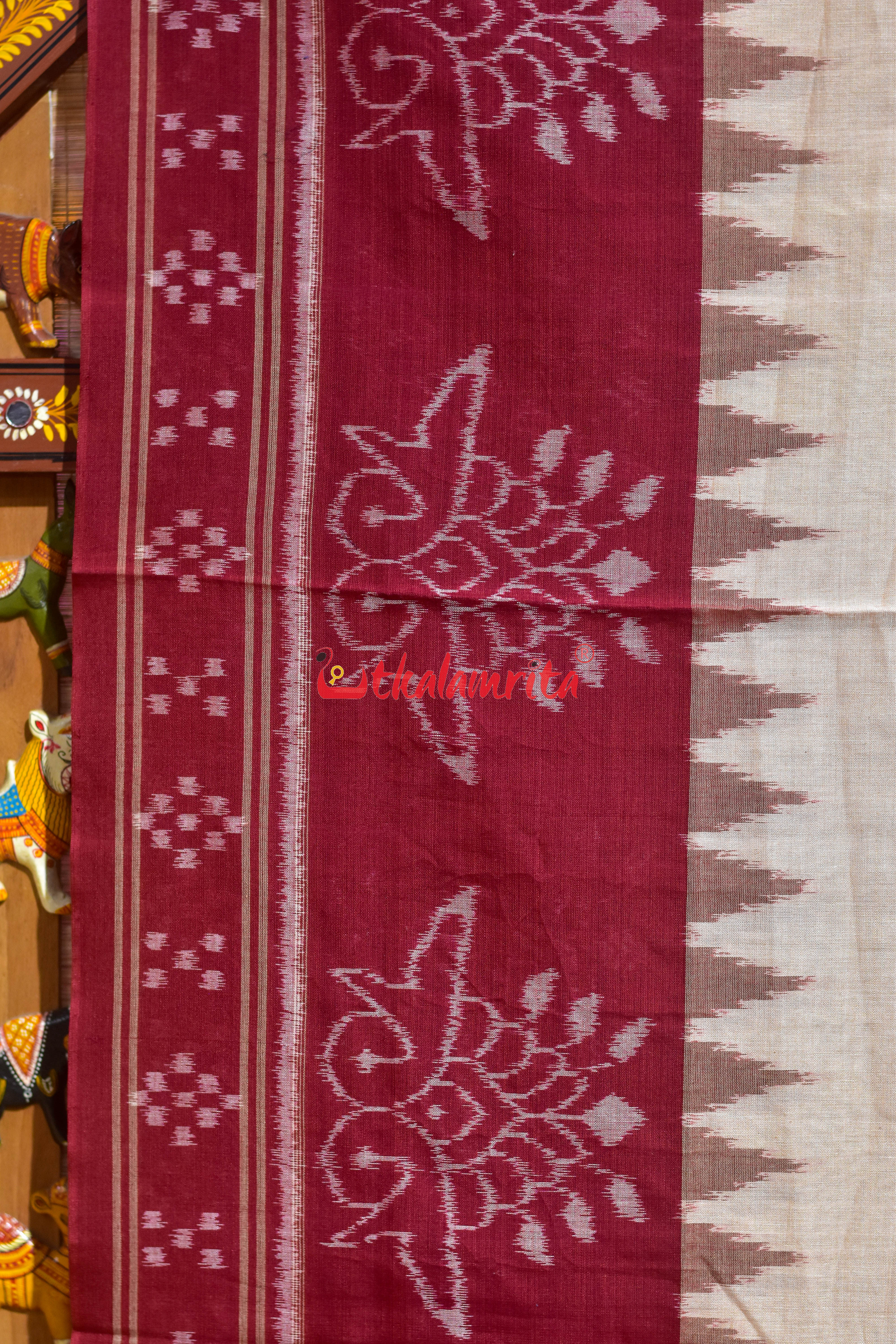 Tussarite with Maroon Flower Khandua Cotton Saree