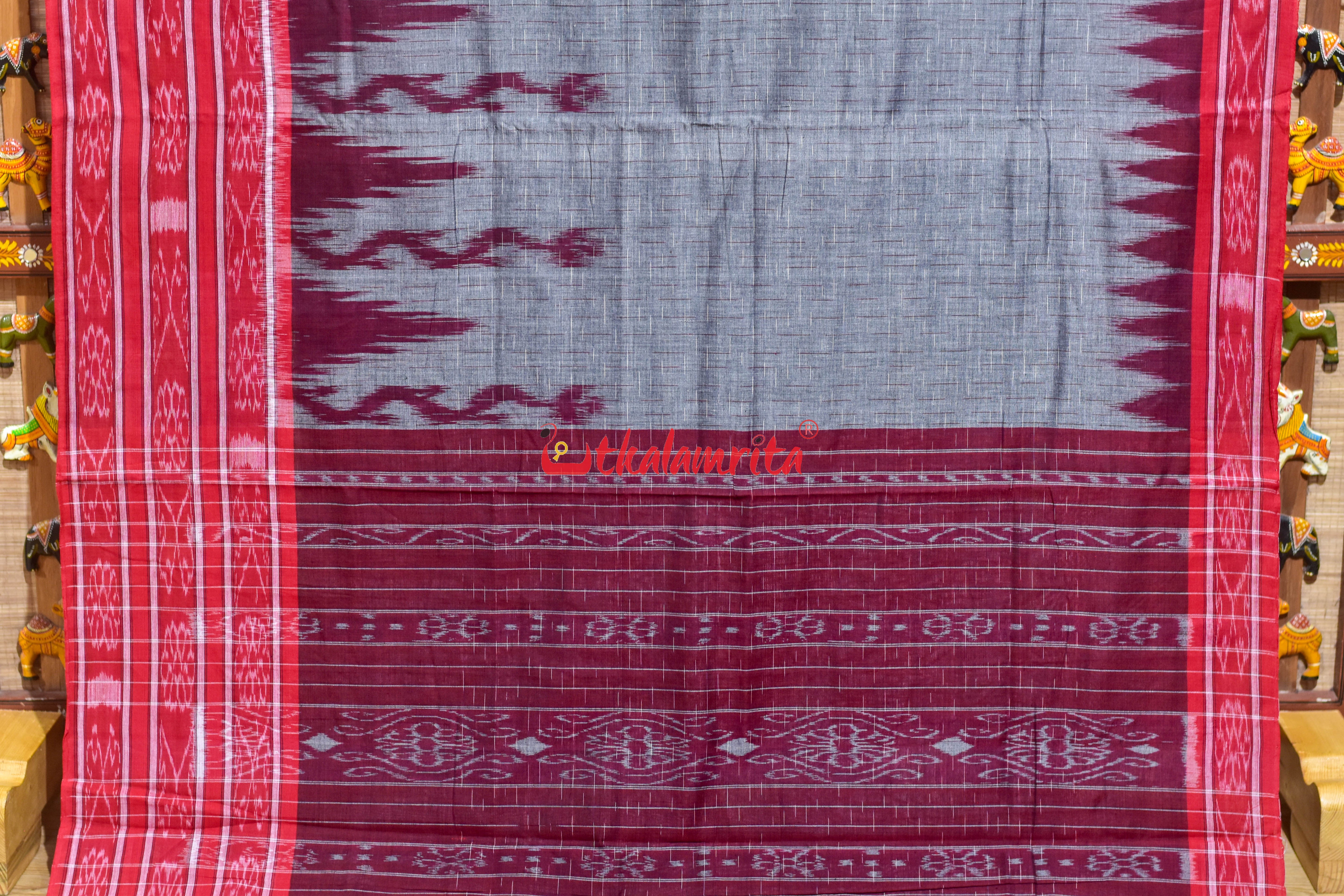 Grey Red Daali Scot Khandua Cotton Saree