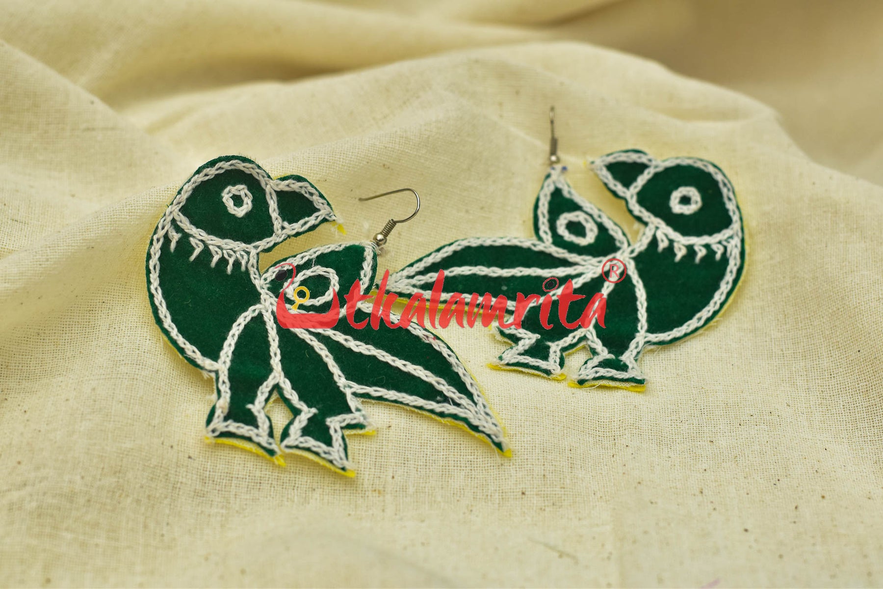 Green Parrots (Pipli applique danglers)