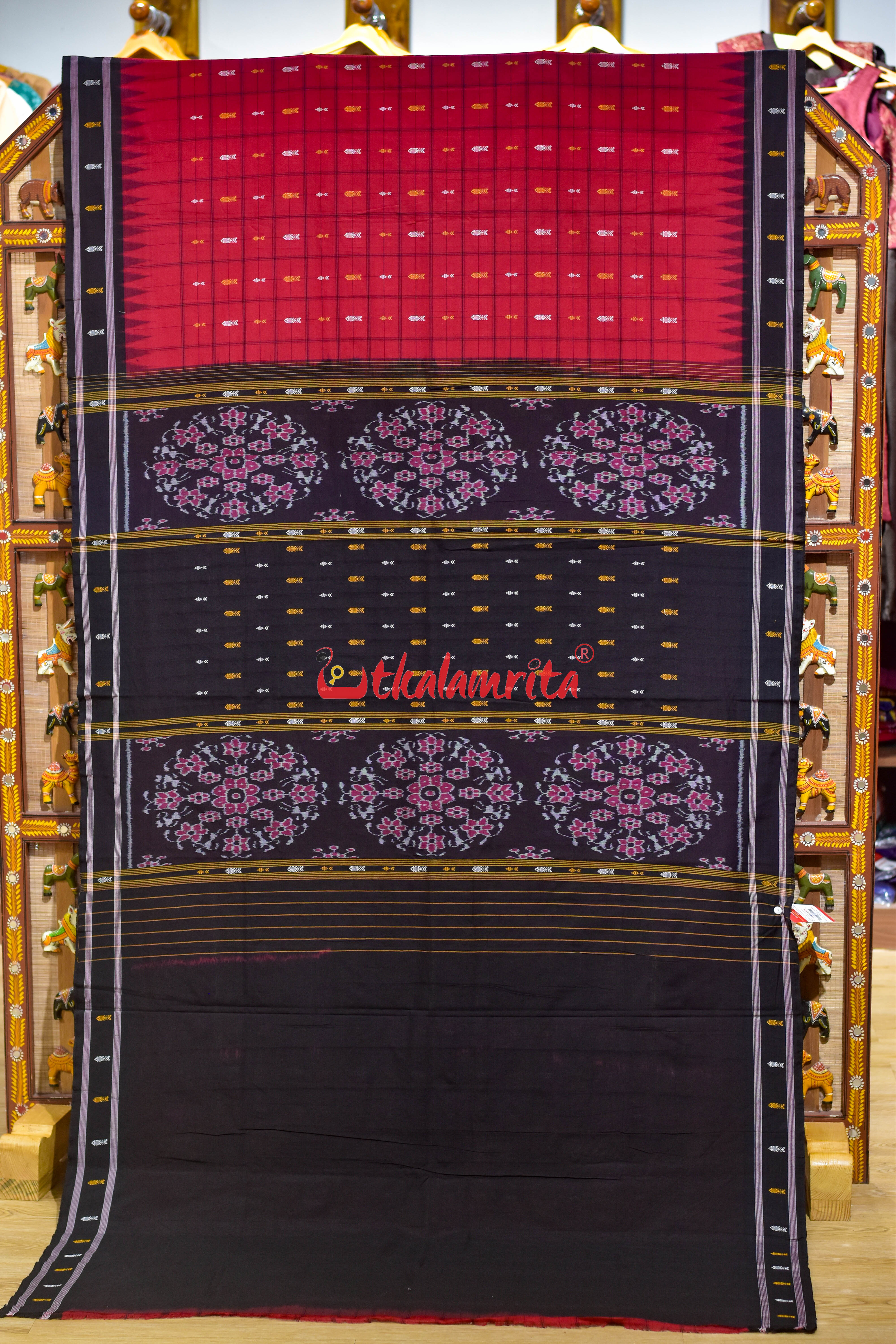 Nuapatna Hazar Buti Red Black Cotton Saree