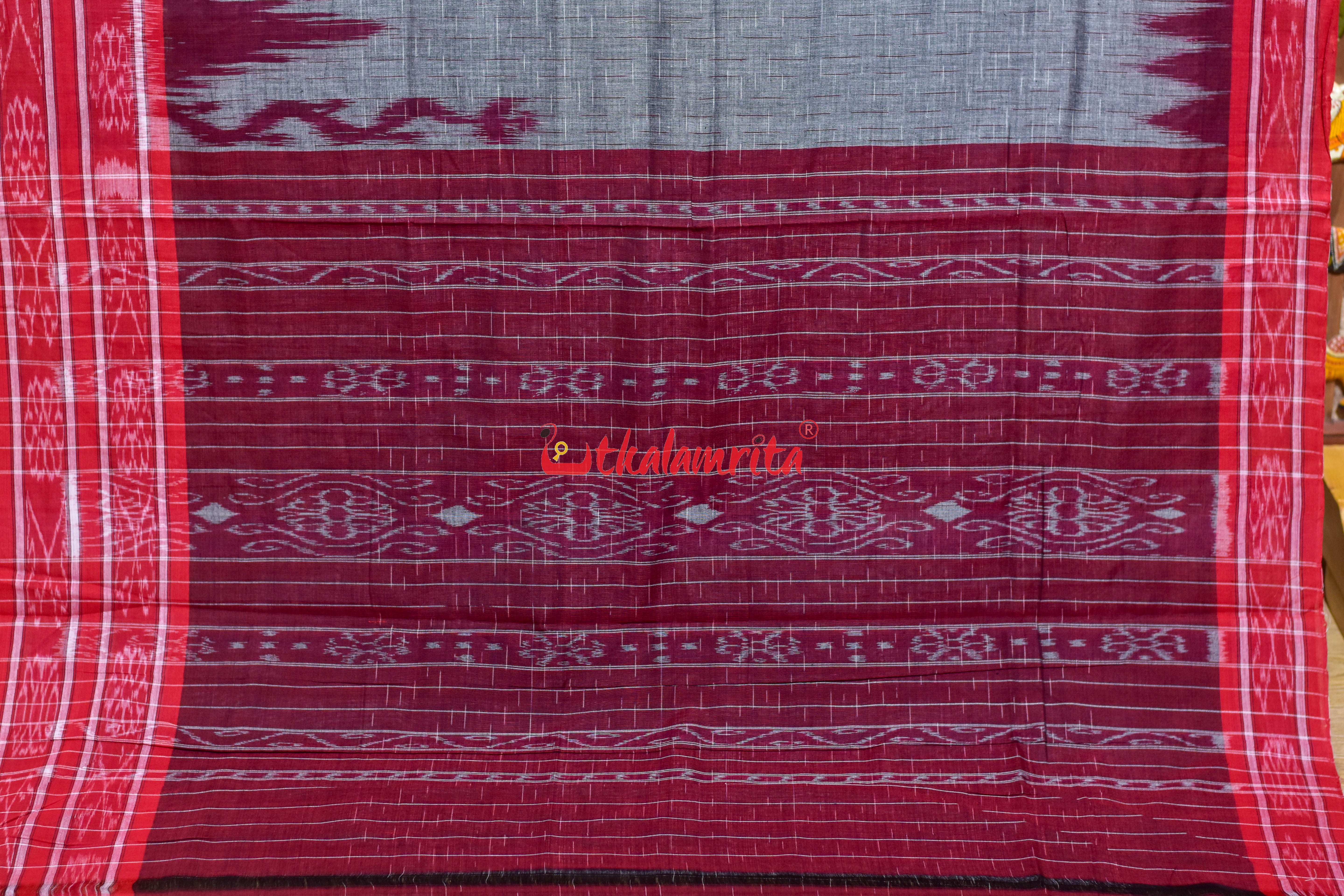 Grey Red Daali Scot Khandua Cotton Saree